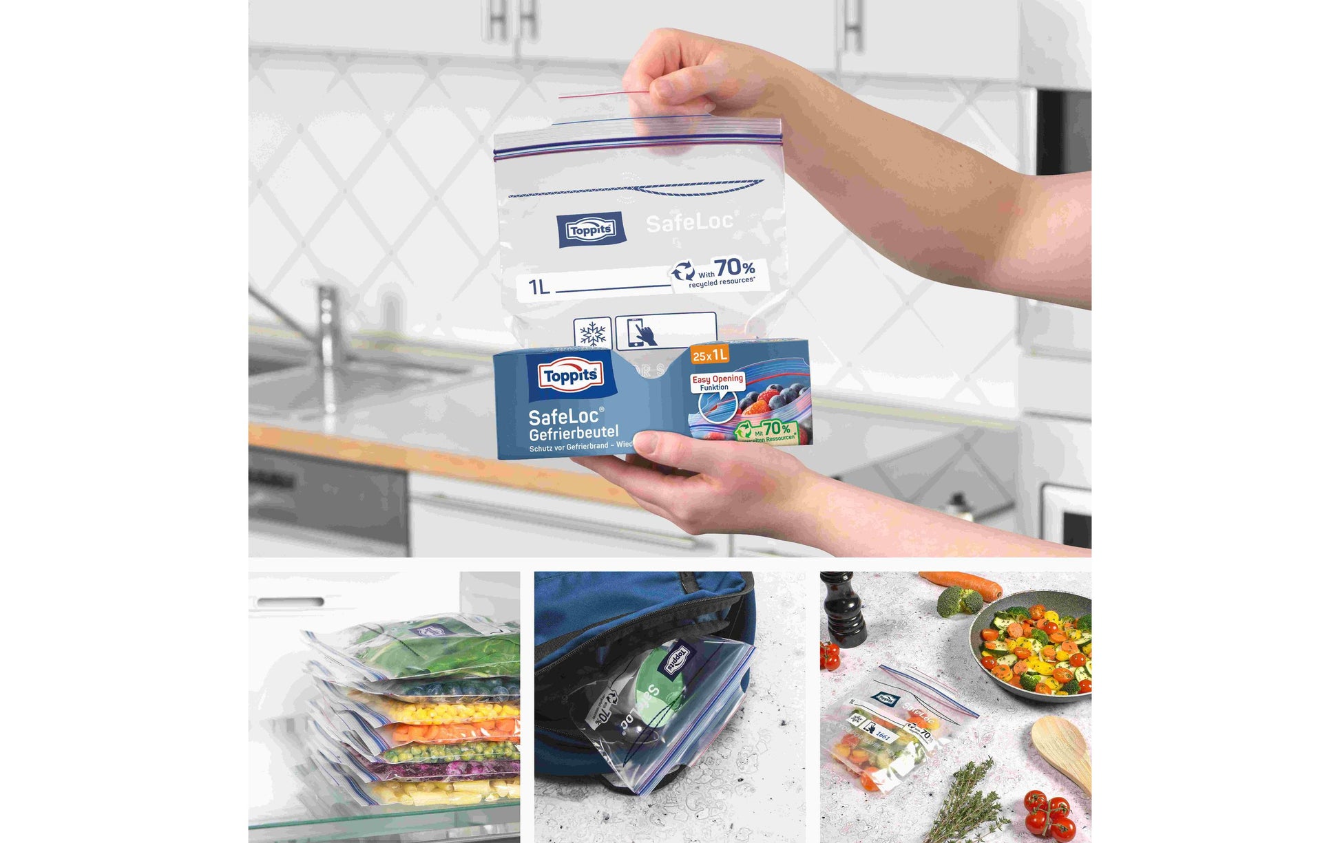 Toppits Gefrierbeutel 1 l, 17 × 17 cm, 25 Stk., Polyethylen (PE), Doppelverschluss, Standboden