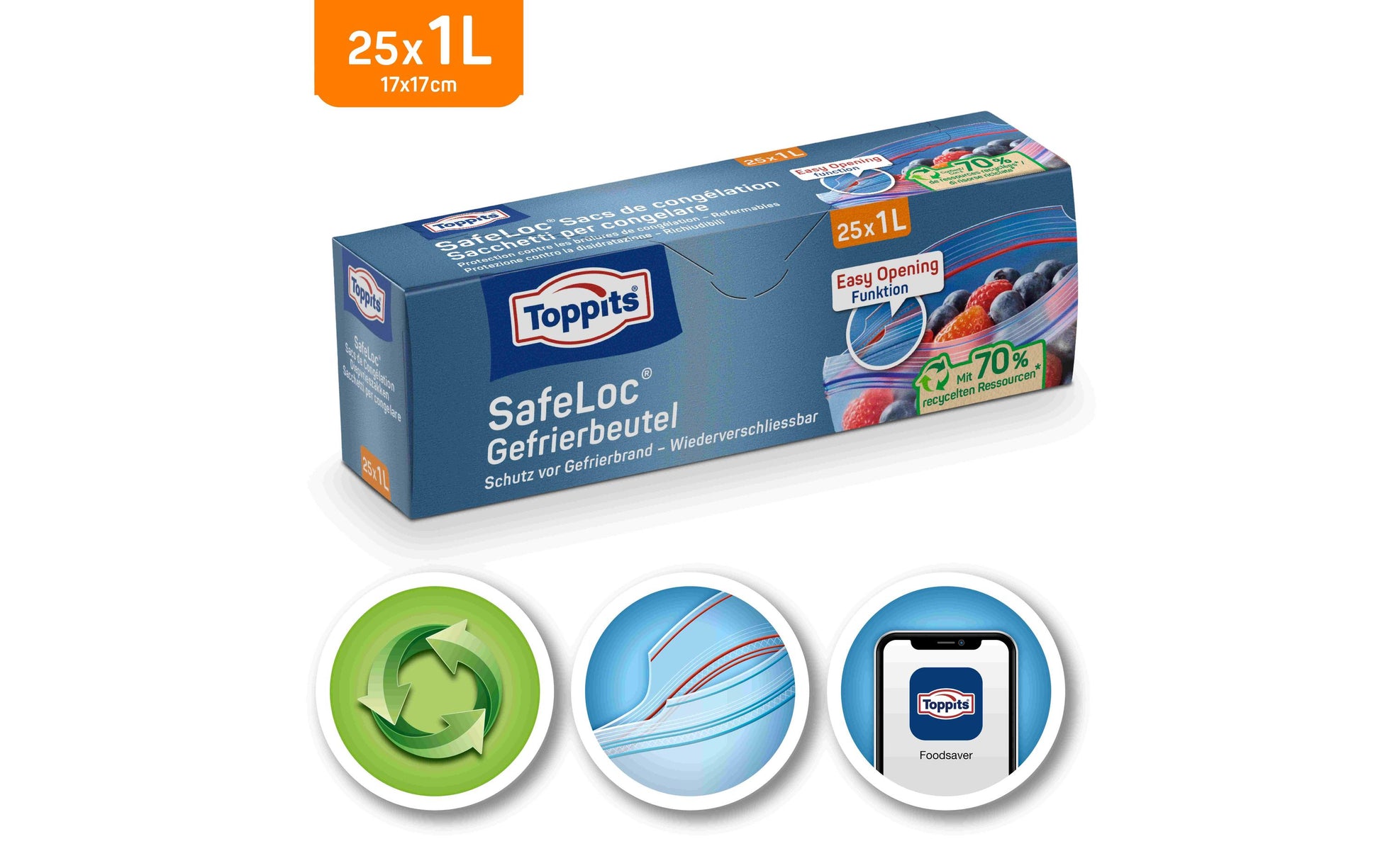 Toppits Gefrierbeutel 1 l, 17 × 17 cm, 25 Stk., Polyethylen (PE), Doppelverschluss, Standboden