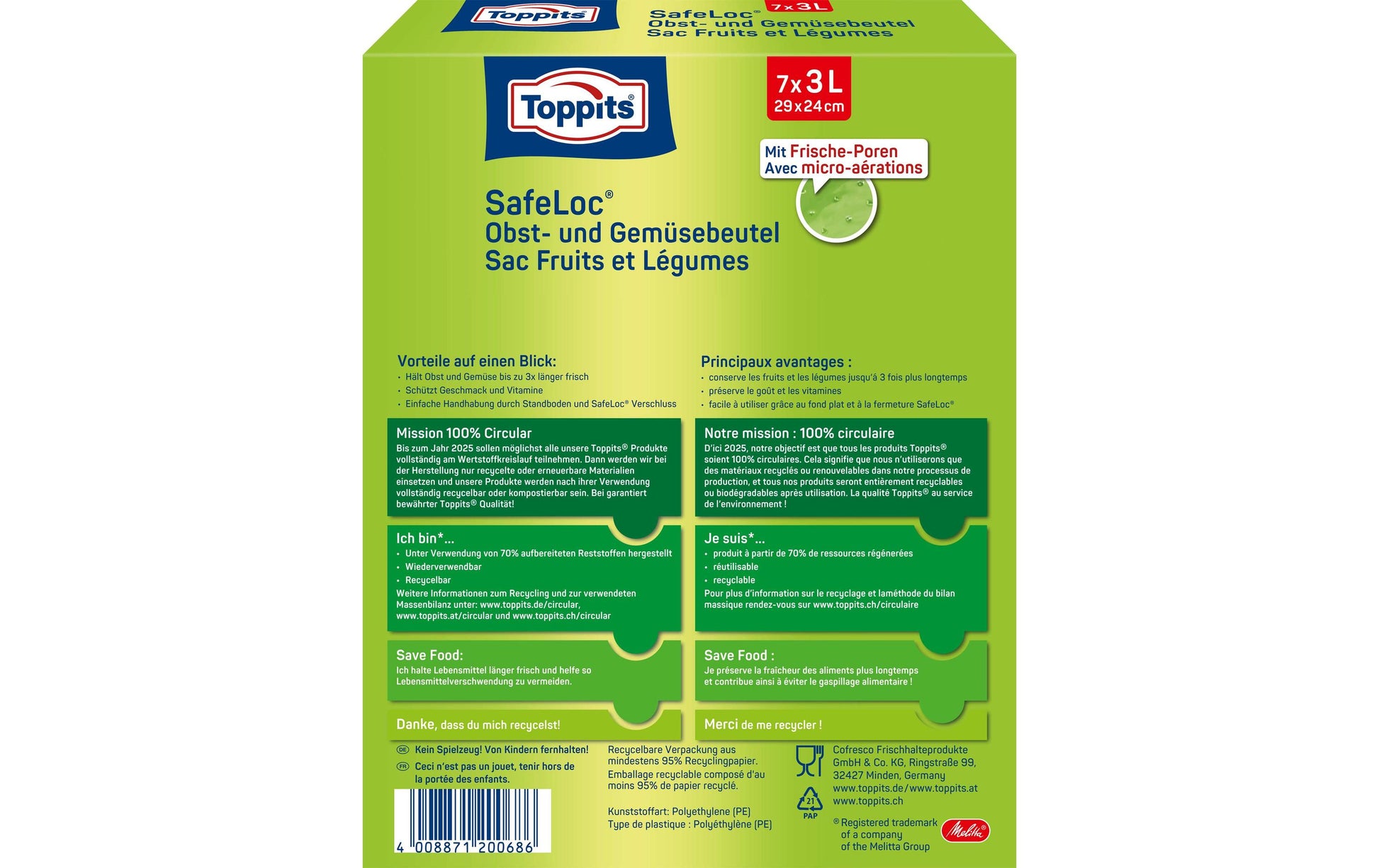 Toppits Obst- und Gemüsebeutel 7 Stk., 3 l, Polyethylen (PE), transparent