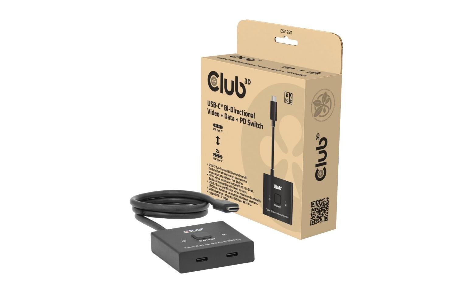 CLUB3D Club 3D – USB-C Switch, 2 Ports, bidirektional, Video/Daten/PD, passiv