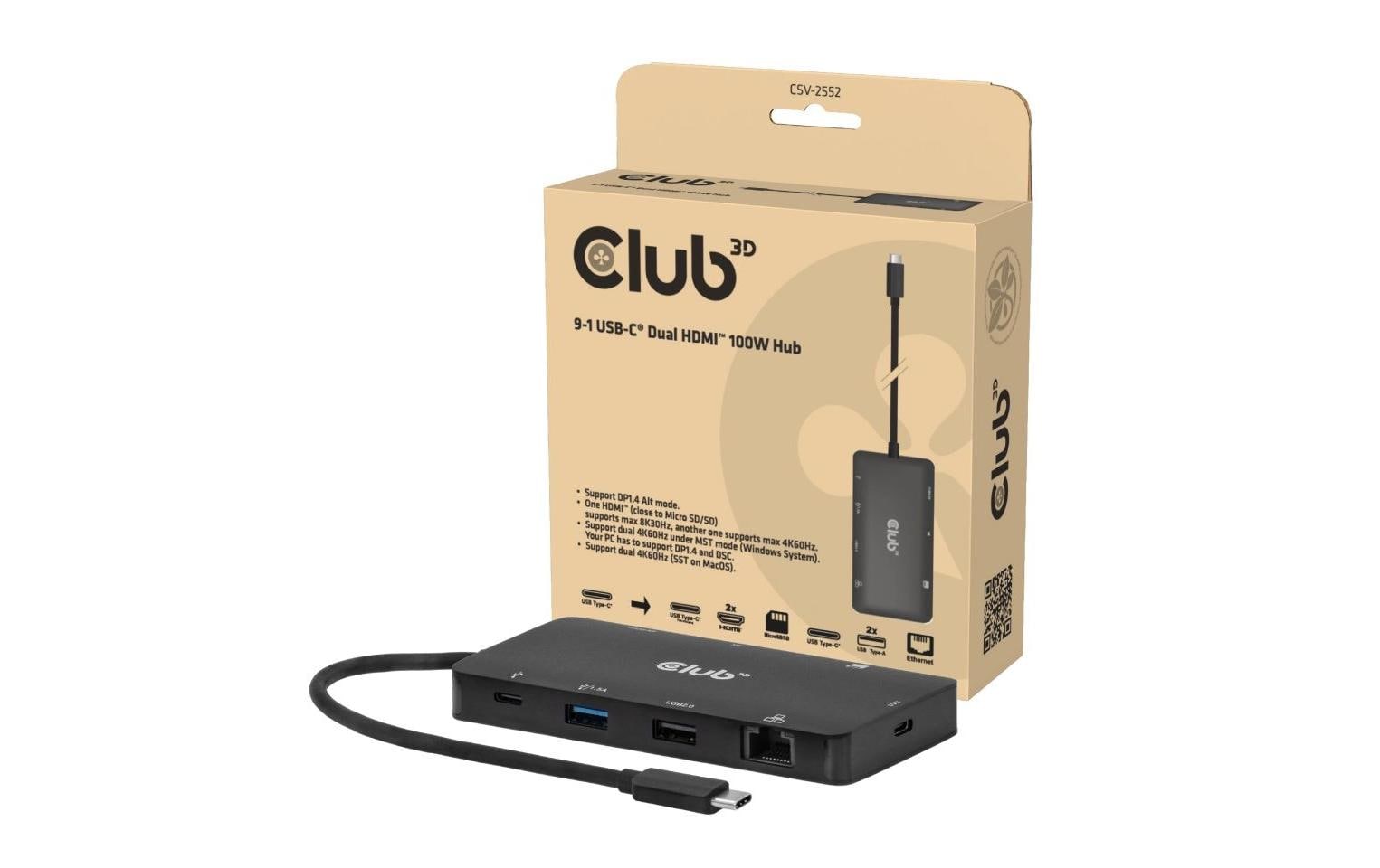 CLUB3D Club 3D CSV-2552 Multiport-Adapter – USB-C, 1× HDMI, 2× USB-A, 2× USB-C, 100 W PD, GbE, SD/microSD