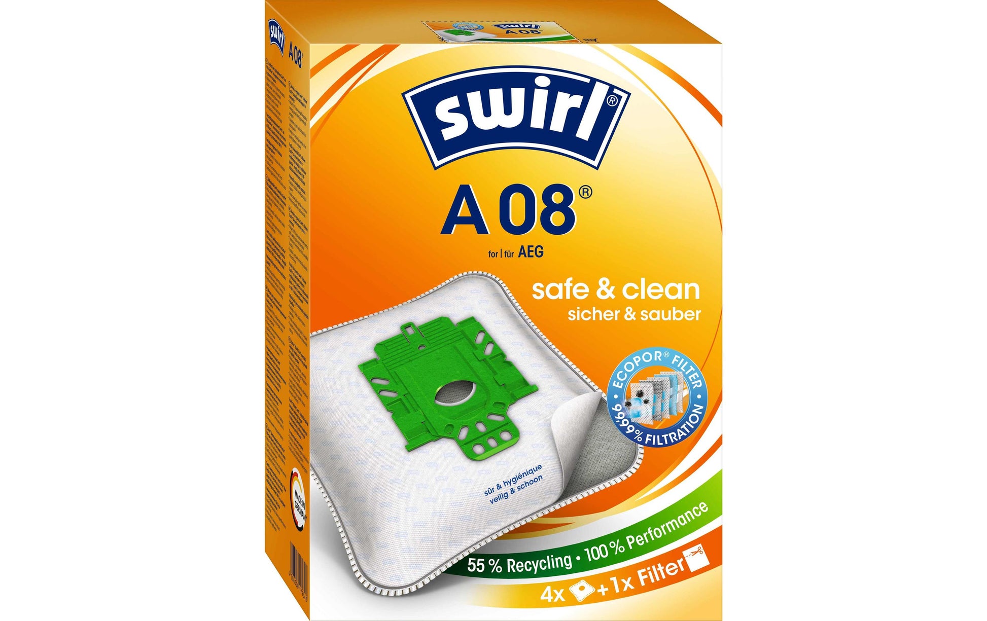 Swirl Staubbeutel A 08 – 4 Stück, für AEG Vampyr/Exquisit/Powertec