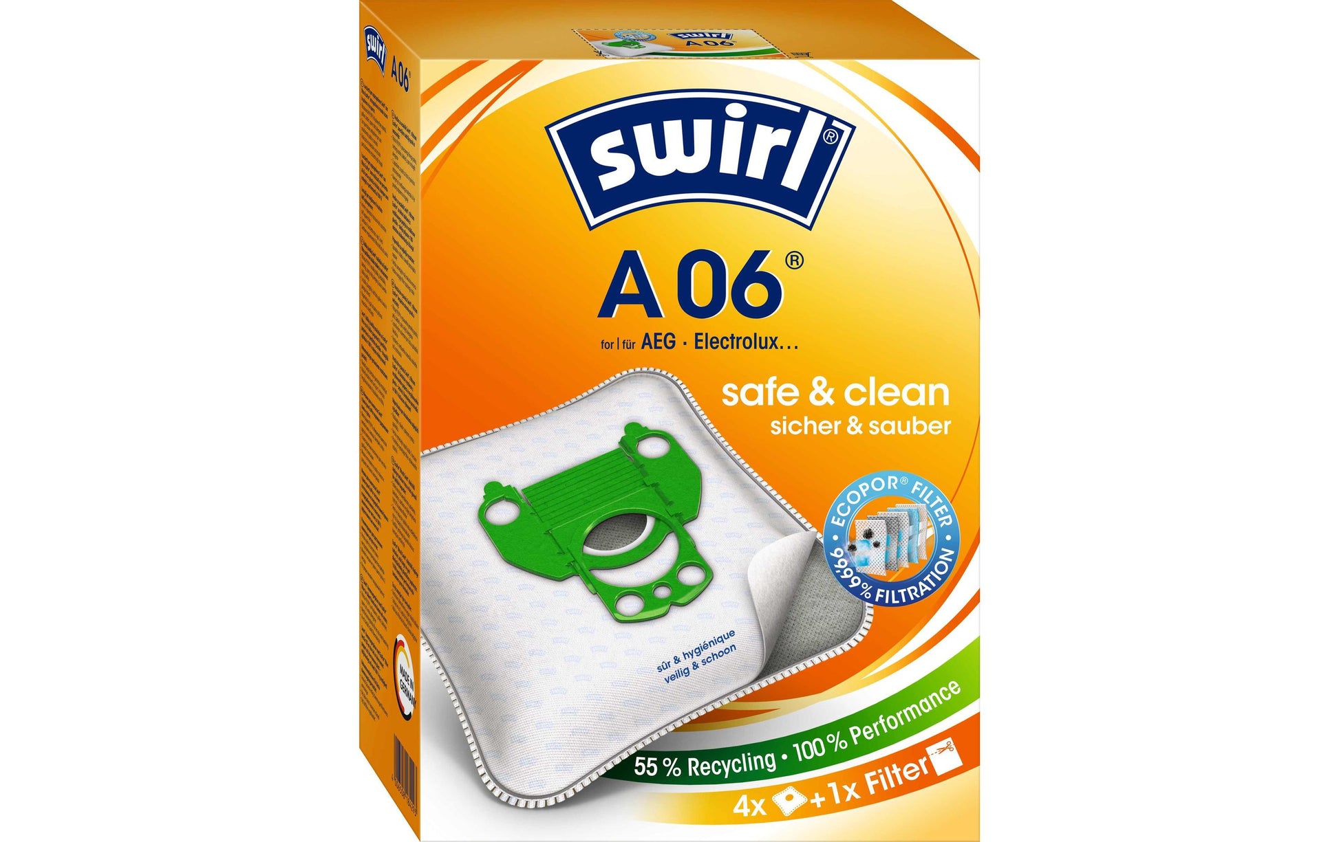 Swirl Staubbeutel A 06 – 4 Stück, für AEG, Electrolux, Progress und andere