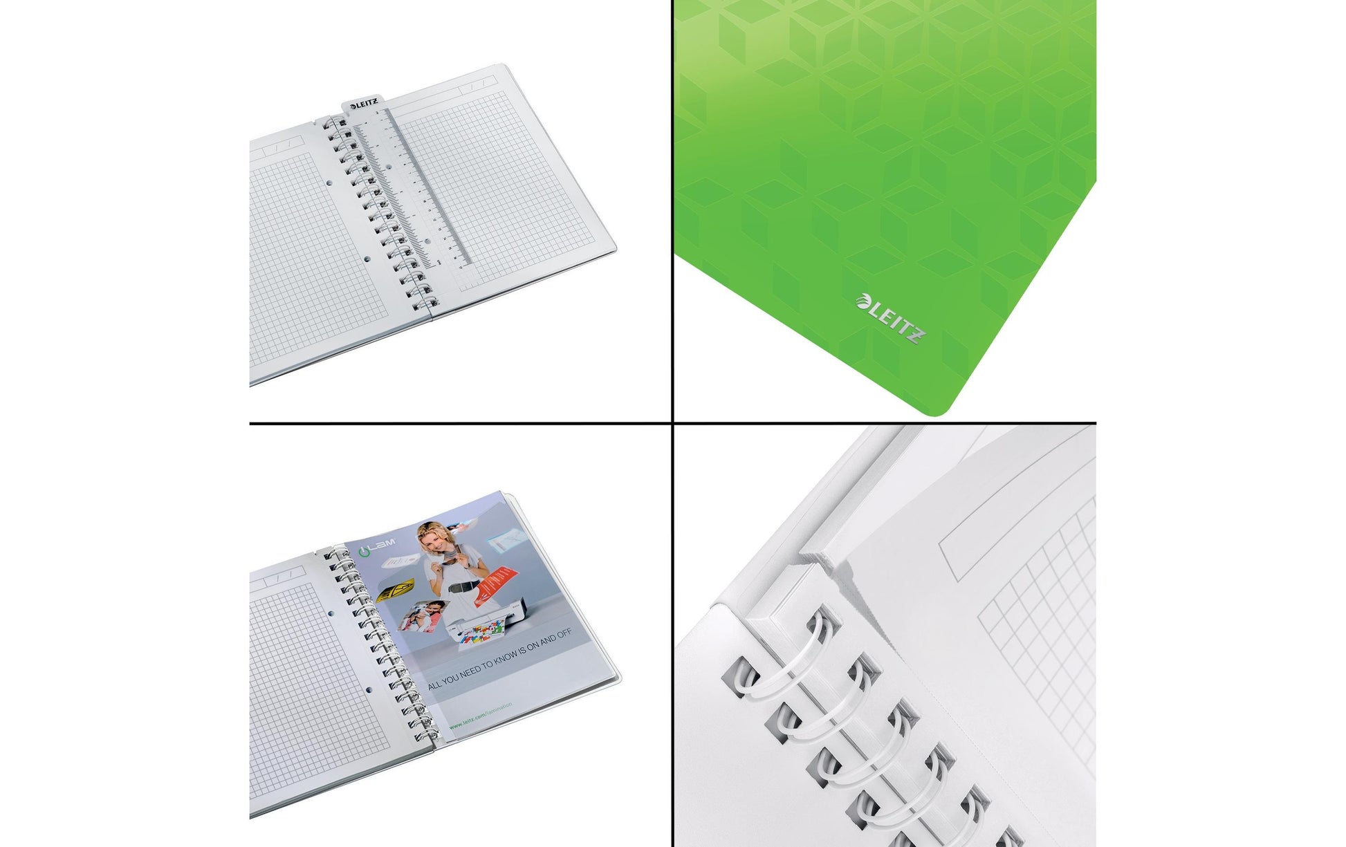 Leitz Collegeblock – A5 – 80 g/m² – Doppelspirale, mikroperforiert, Klarsichttasche, Stiftschlaufe, grün, FSC