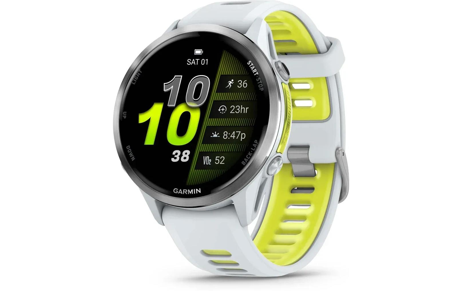 Garmin Forerunner 970 – GPS-Smartwatch – 47 mm, 1,4" AMOLED, Saphirglas, 5 ATM, Gelb, Weiss Sportarmband