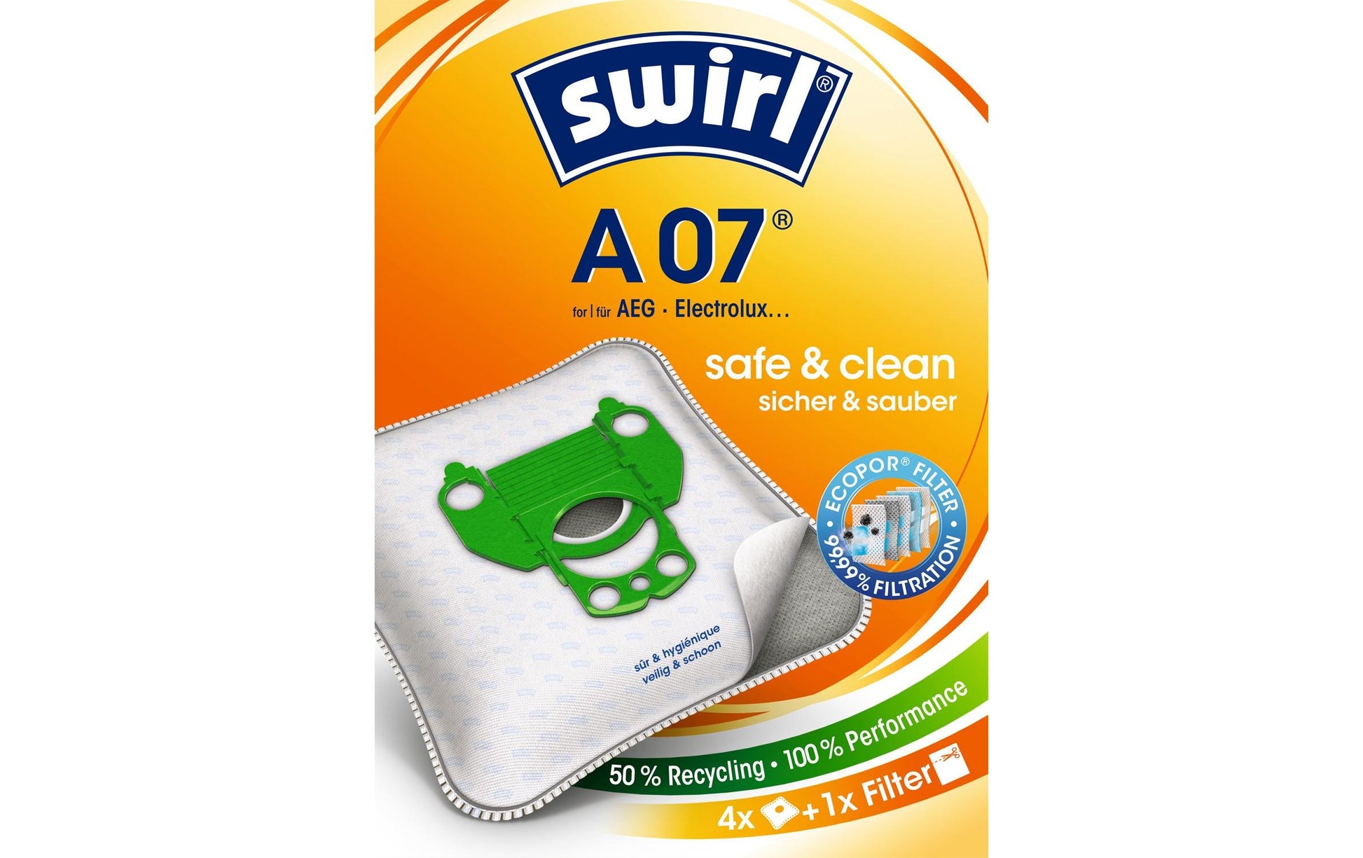 Swirl Staubbeutel A 07 – 4 Stück, für AEG, Electrolux und andere