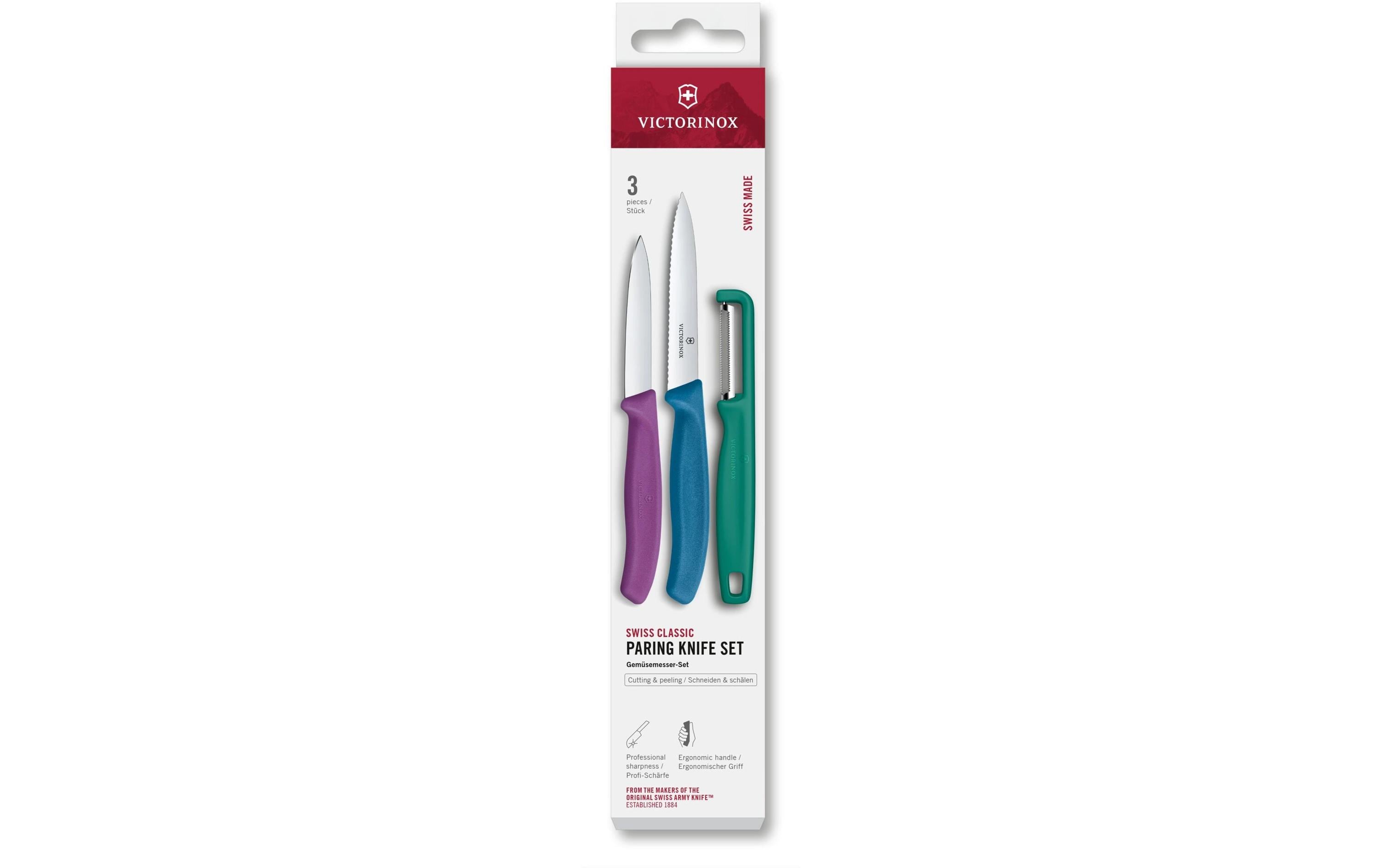 Victorinox 3-teiliges Messerset, Edelstahlklingen, Polypropylen (PP) Griff, mehrfarbig