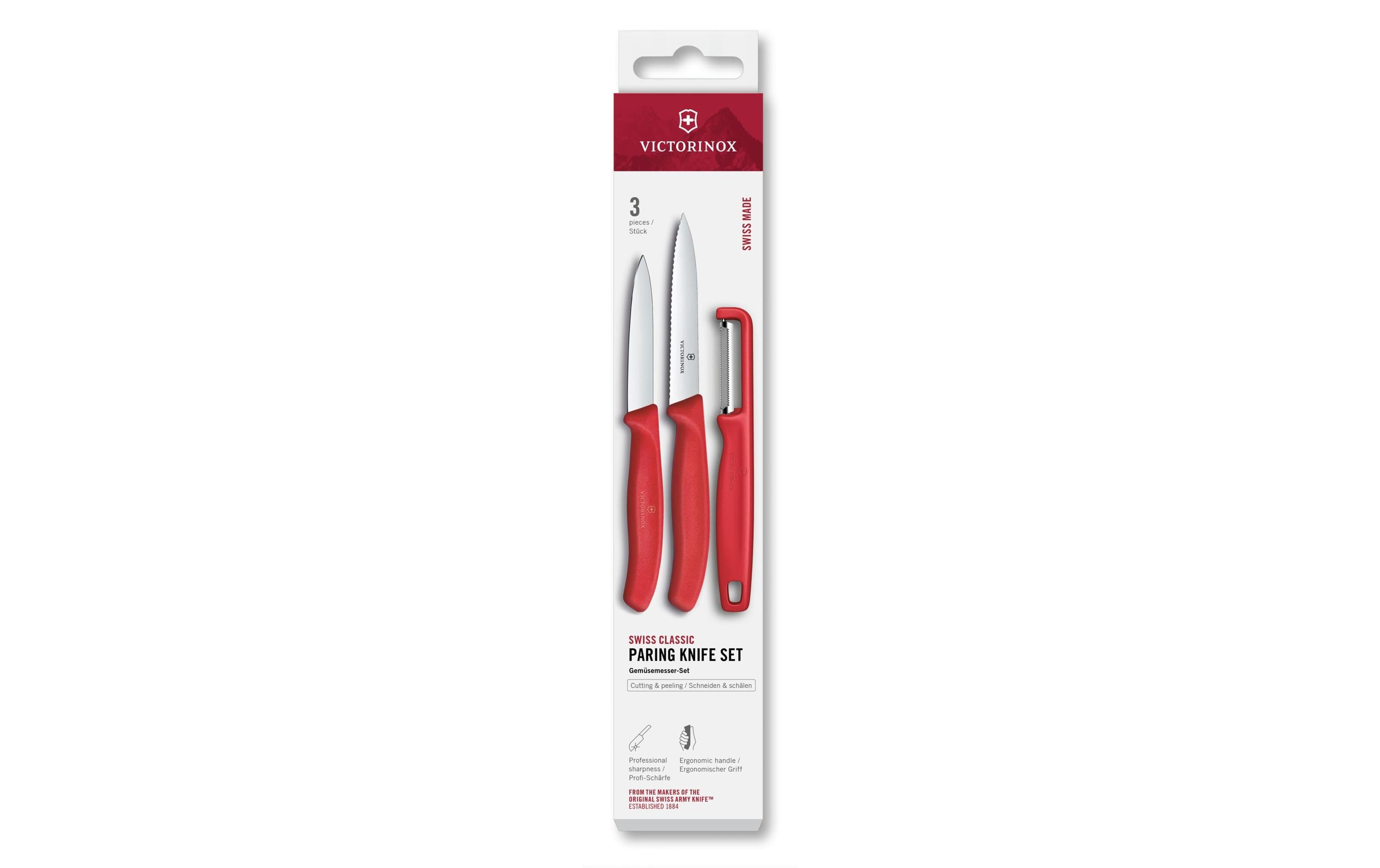 Victorinox 3-teiliges Messerset, Edelstahlklingen, Griff aus Polypropylen (PP), Rot
