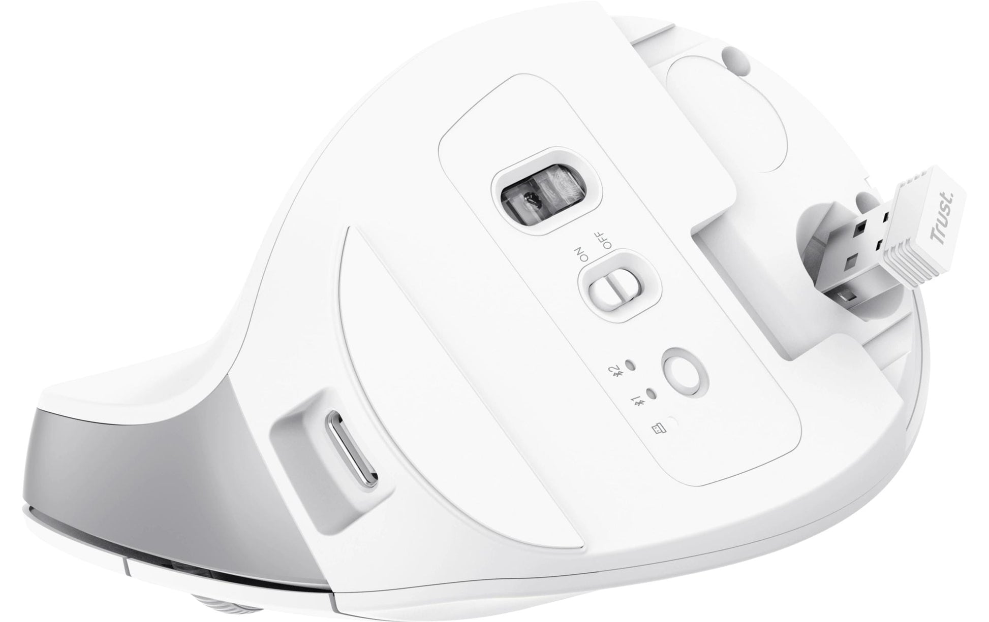 Trust Bayo+ – Vertikale Maus – Kabellos (Bluetooth/2,4 GHz), Rechtshänder, Weiss