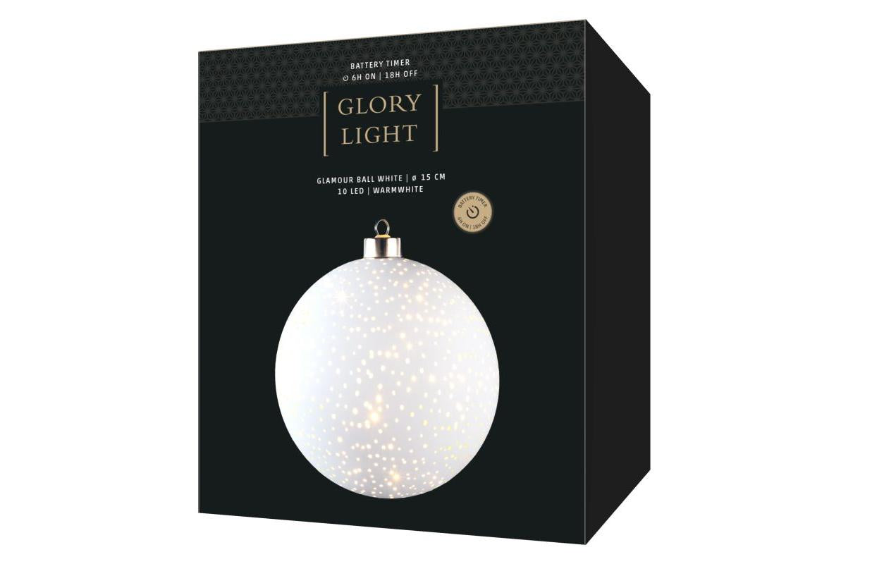 STT Glamour Ball Dekorationsfigur – Ø 15 cm – Glas, Weiss, Akku, 10 LEDs, Timer (6/18 h)