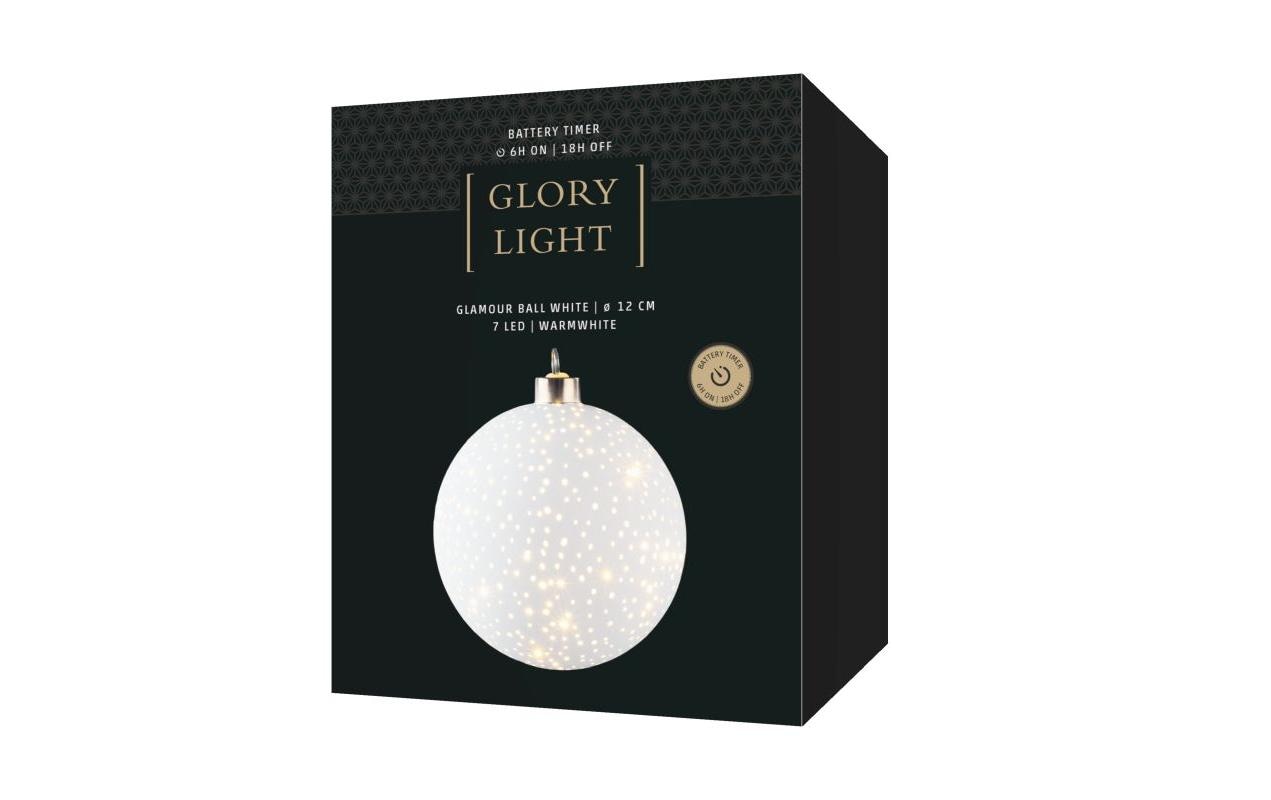 STT Dekorationskugel Glamour Ball – Ø 12 cm, Warmweiss, Batteriebetrieb, Timer 6/18 h, 3×AA, Weiss