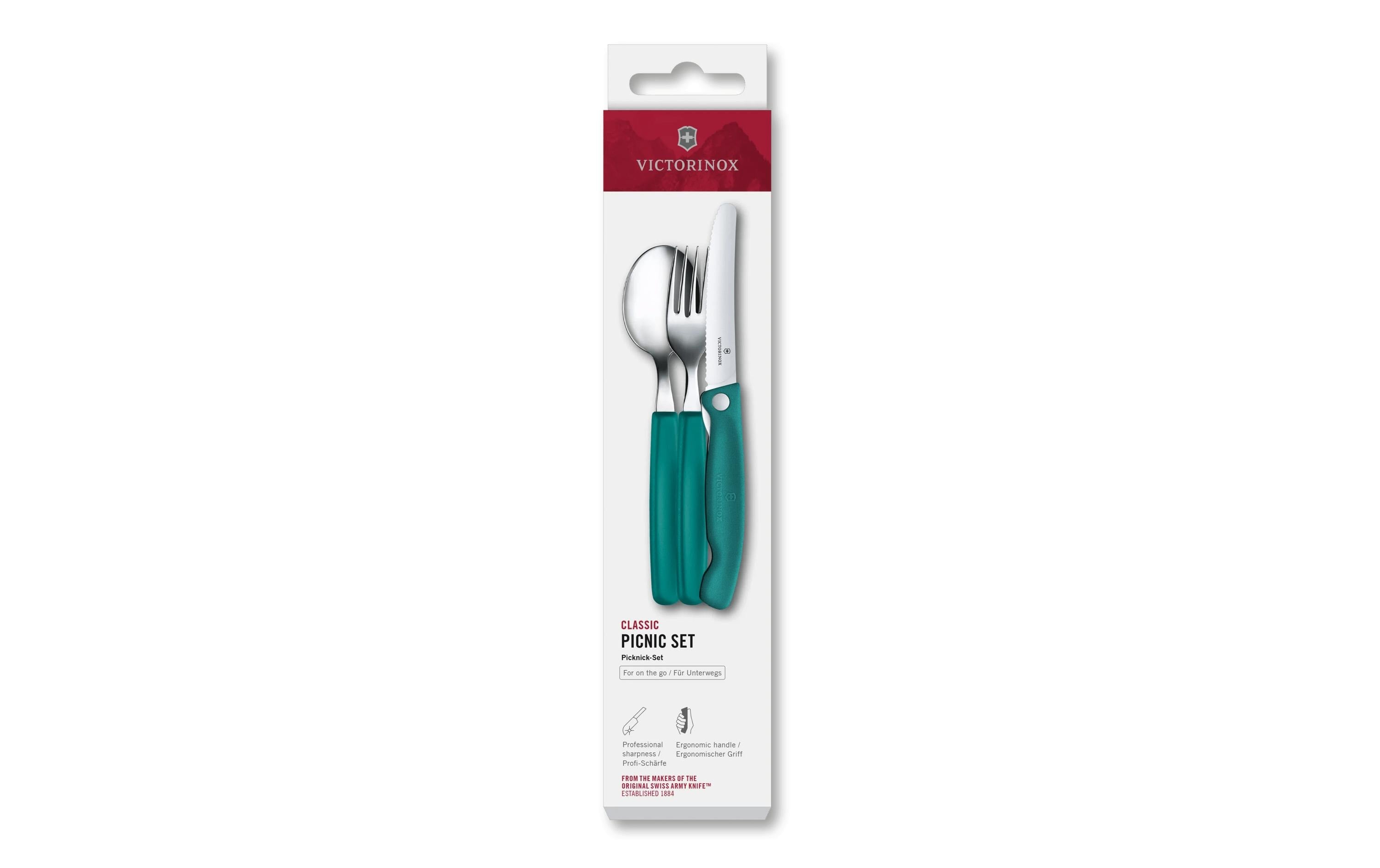 Victorinox Classic Lunchbox-Besteck – 3-teilig, 20,6 cm, Wellenschliff, Edelstahl, Griff Polypropylen, Grün