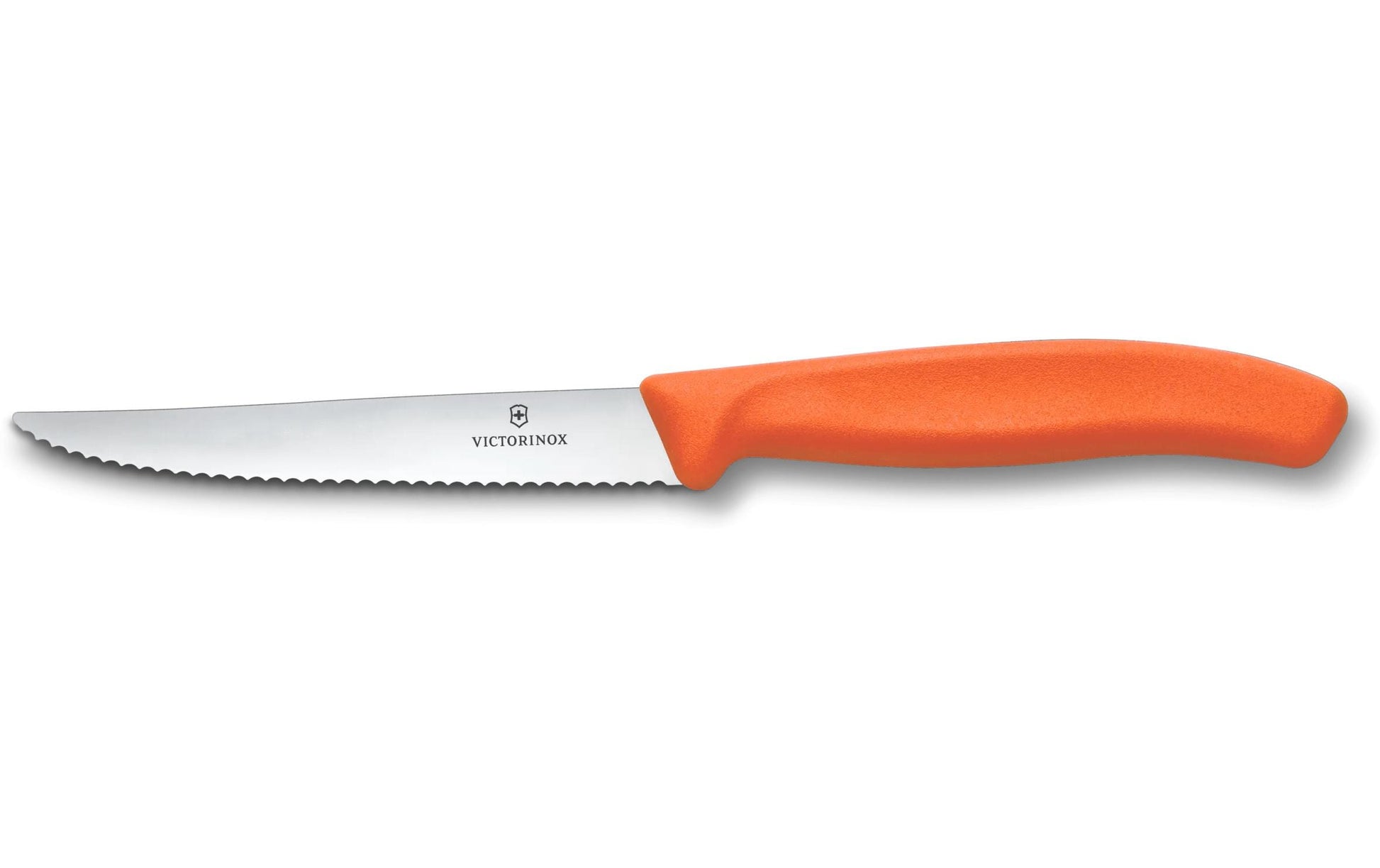 Victorinox Klassisches Steak-/Pizzamesser – 11 cm, Wellenschliff, Edelstahl, Griff Polypropylen, Orange