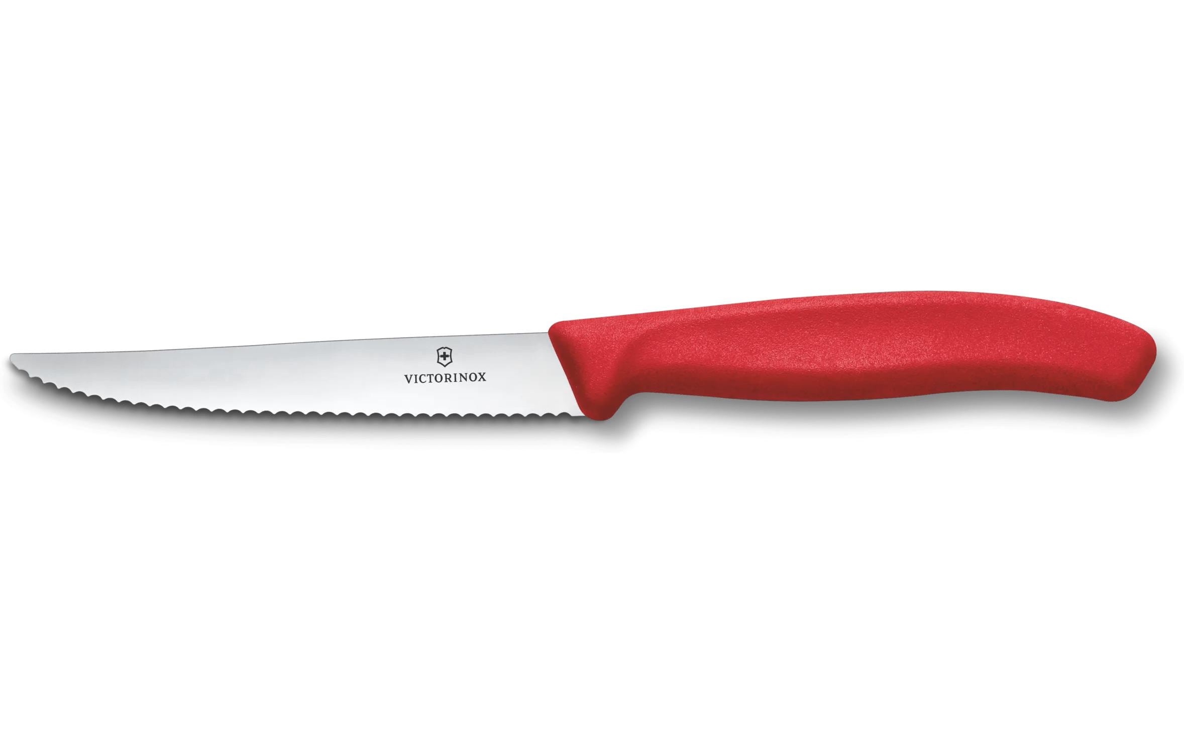 Victorinox Classic Steak-/Pizzamesser – 11 cm, Wellenschliff, Edelstahl, Griff Polypropylen, Rot