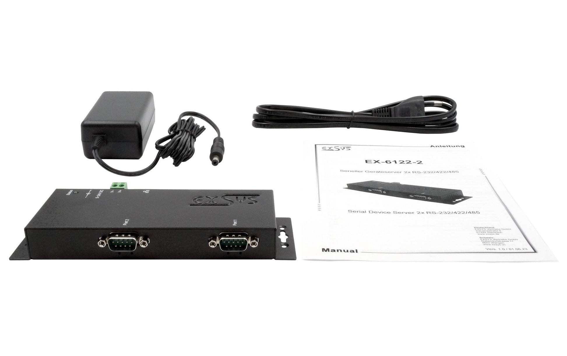 EXSYS EX-6122-2 RS-232 zu Ethernet Device-Server – 2× RS-232 (9-pol), VCOM, Modbus RTU – für serielle Geräte