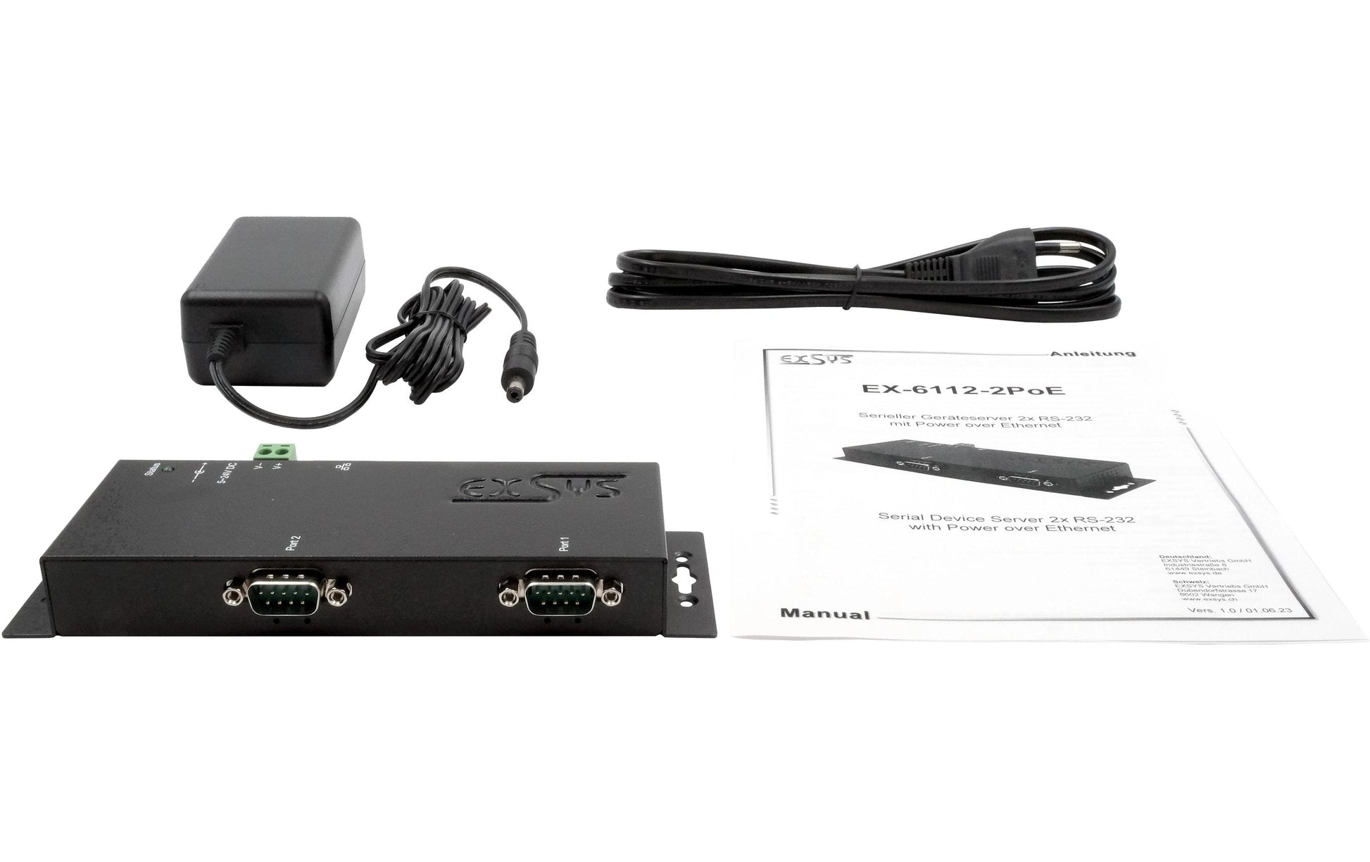 EXSYS EX-6112-2PoE Serieller Geräteserver – Ethernet zu RS-232, 2× RS-232 (9-Pin), PoE, Metallgehäuse