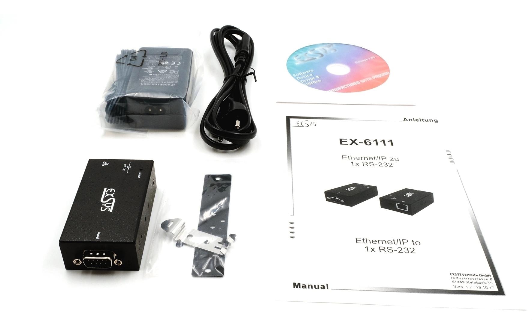 EXSYS EX-6111-2 RS-232 zu Ethernet Gateway – 1× RS-232 (DE-9) zu RJ-45, VCOM (RFC2217) – für serielle Geräte