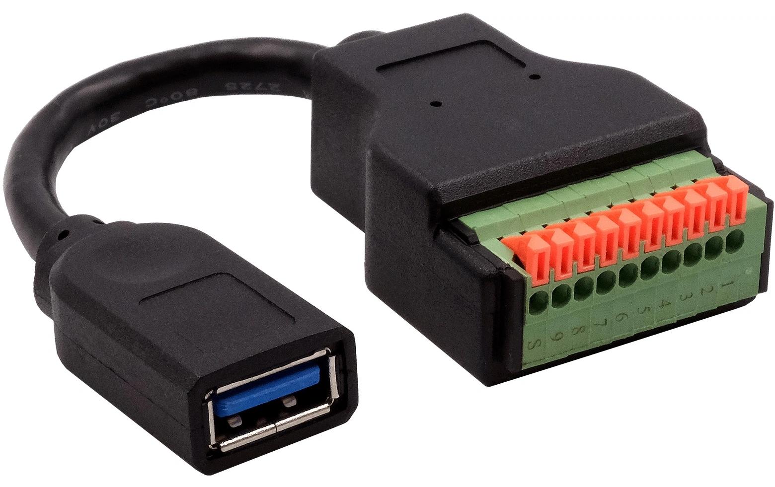 EXSYS EX-49126 Adapter USB-A zu 10-poligem Terminalblock – USB 3.2 Gen 1 (5 Gbit/s), 0,15 m – Schwarz