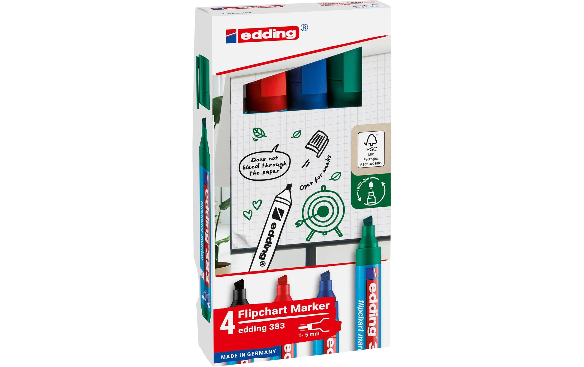 Edding Flipchart-Marker 383 – Keilspitze 1-5 mm – Sortiert – 4er-Set – Nachfüllbar