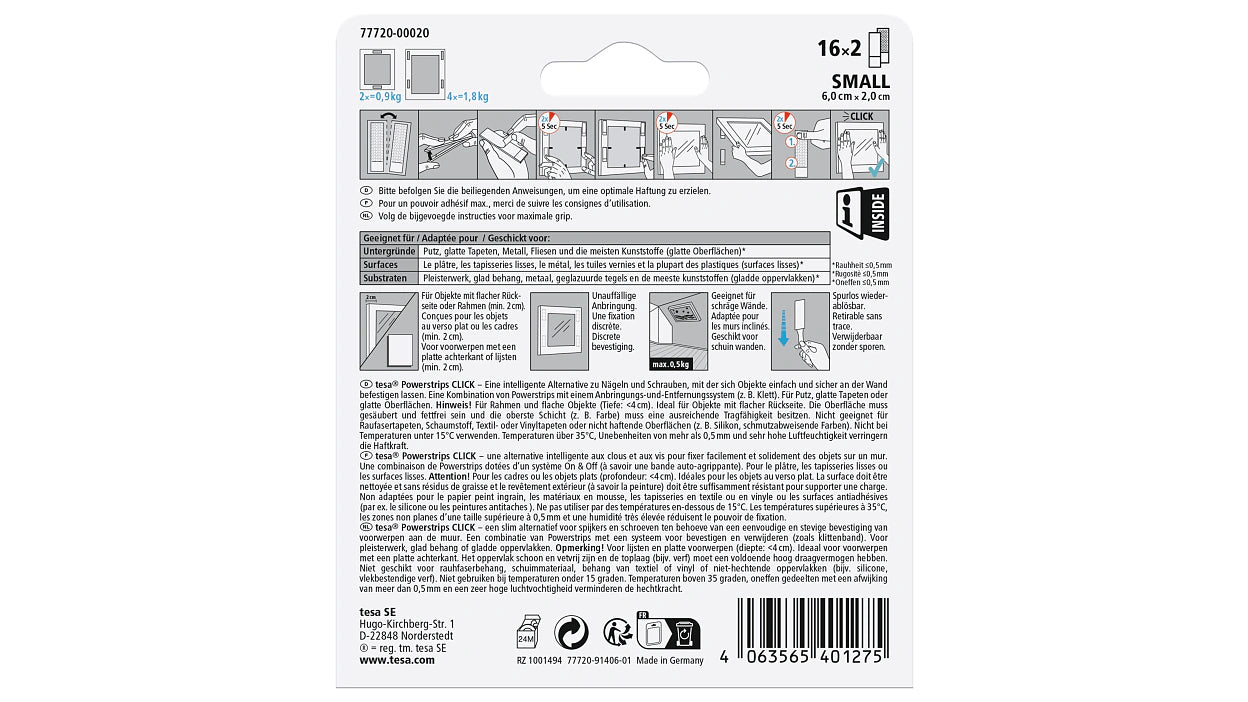 TESA Powerstrips CLICK S Montagepad 32 Stück – Weiss – Haltefestigkeit 1,8 kg, rückstandsfrei entfernbar
