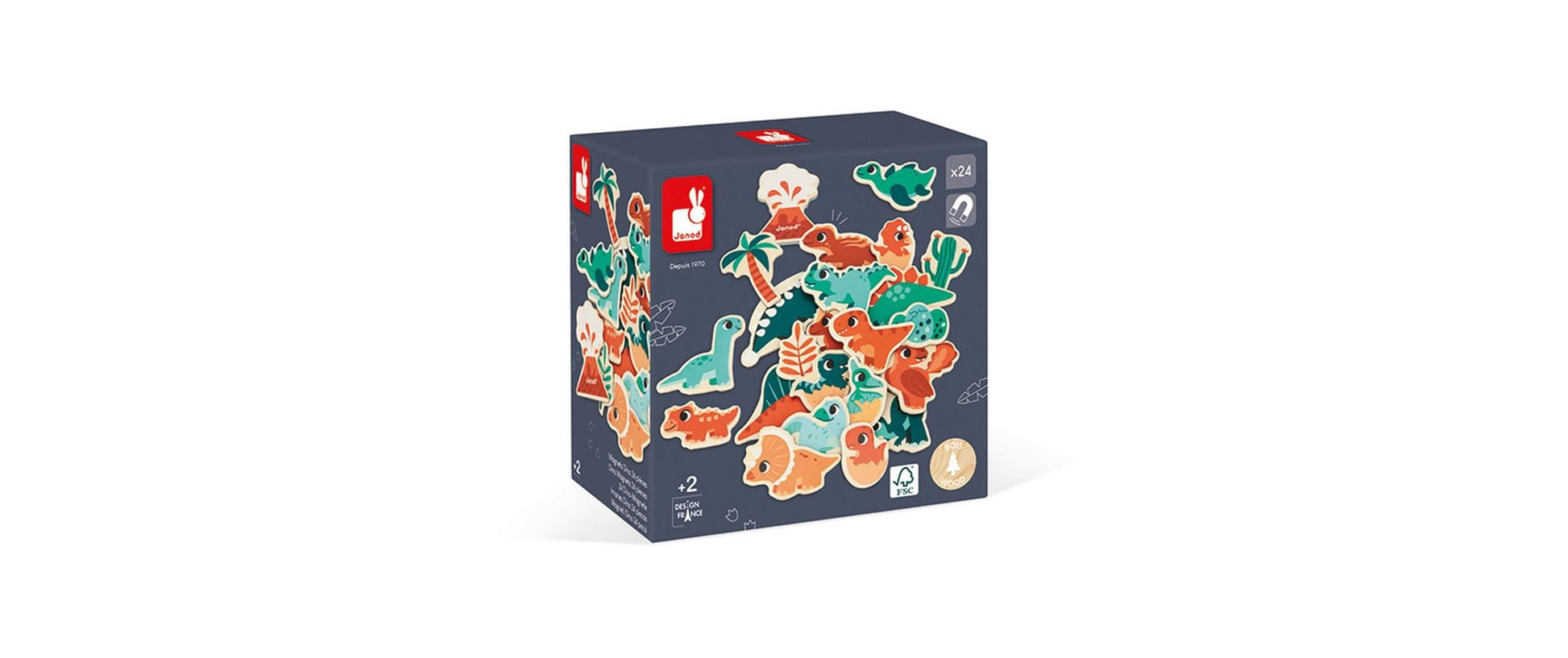 Janod Dino-Magnete – 14 × 14 × 8 cm – 24 Stück – ab 2 Jahren – FSC-Holz – mehrfarbig