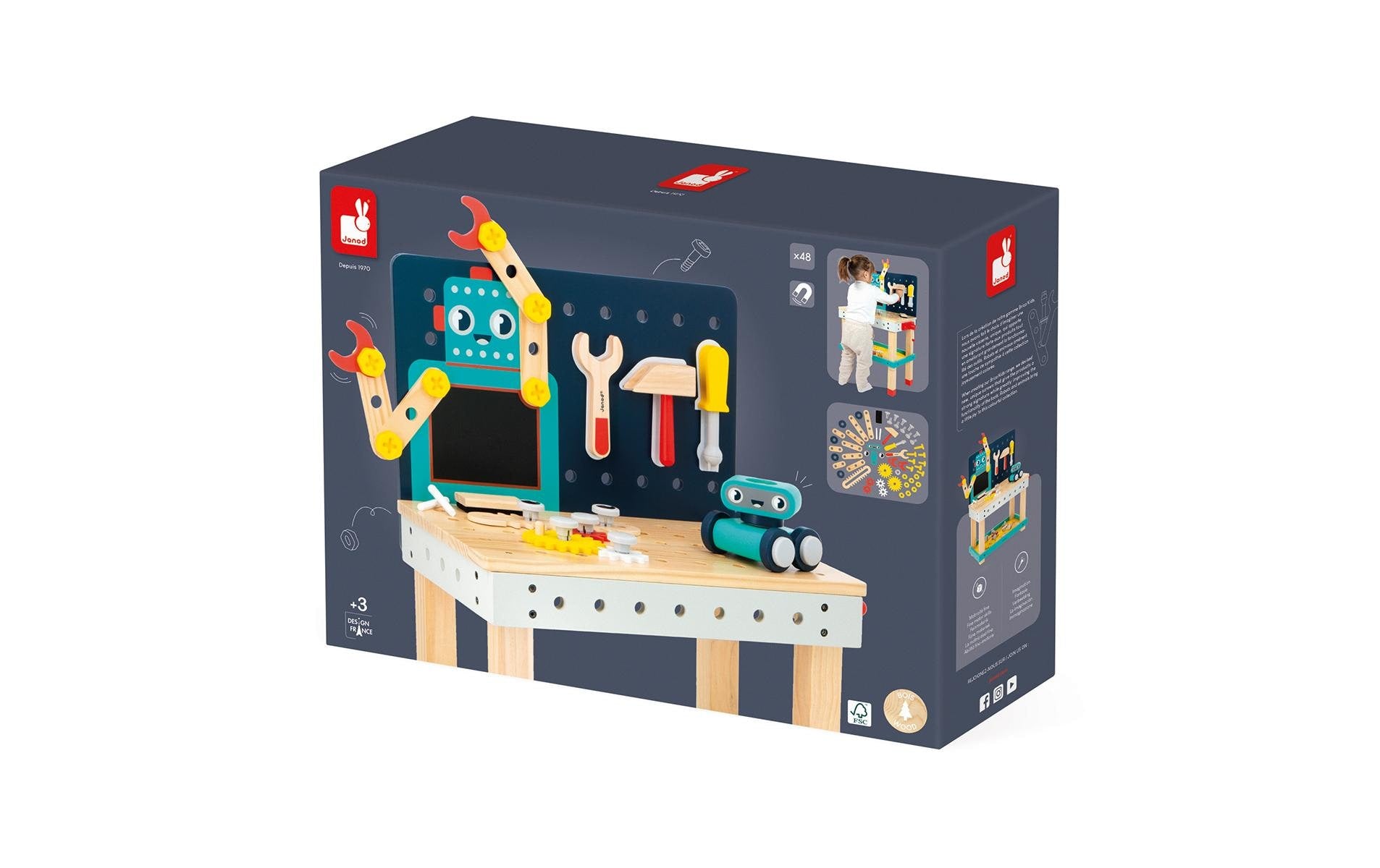 JANOD Brico'Kids Werkbank Roboter – 50-teilig – ab 3 Jahren – 48,0 × 79,0 × 31,5 cm – mehrfarbig – FSC