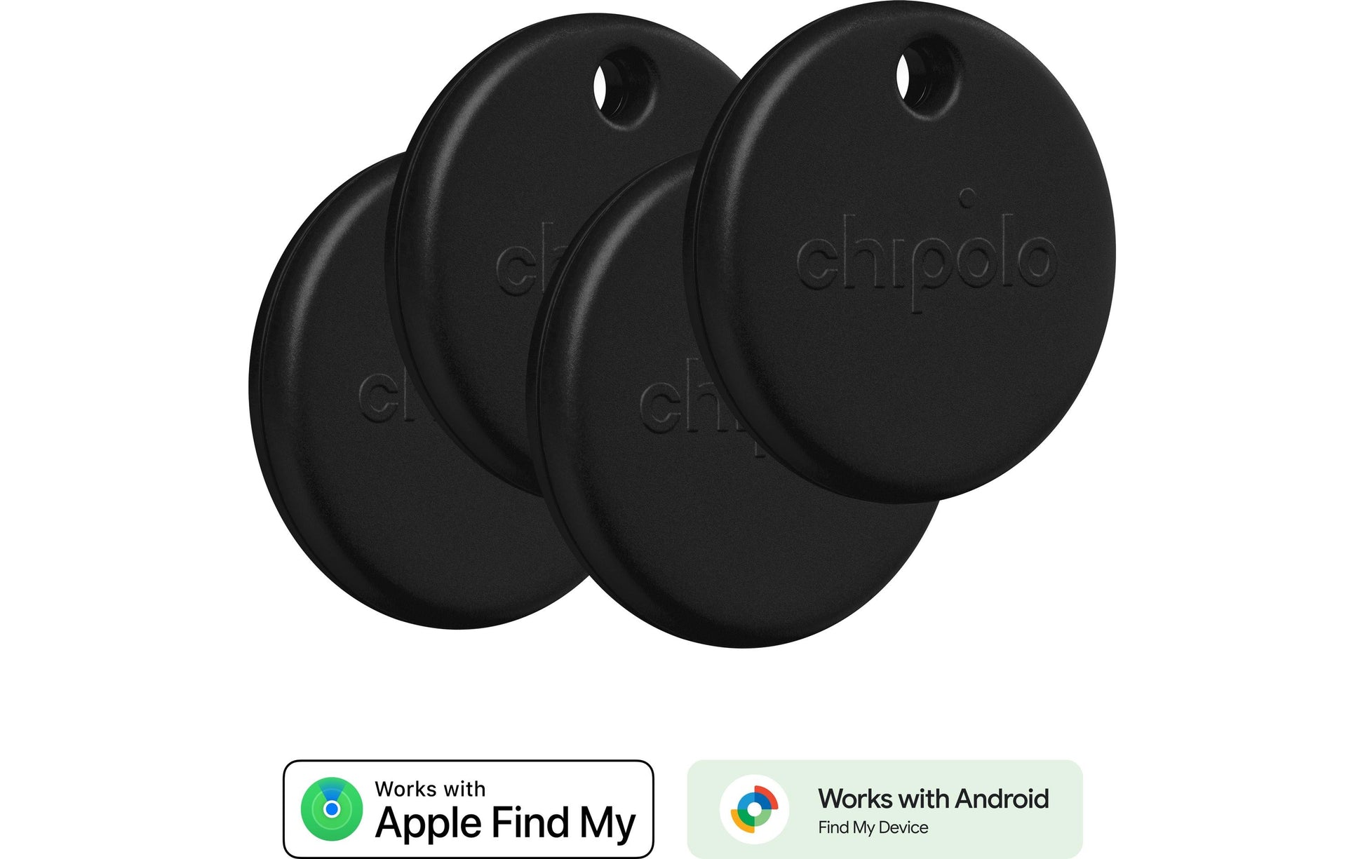 Chipolo POP Schlüsselanhänger – schwarz, Batterie CR2032, Höhe 7 mm, 4 Stk. – für Apple Find My-App