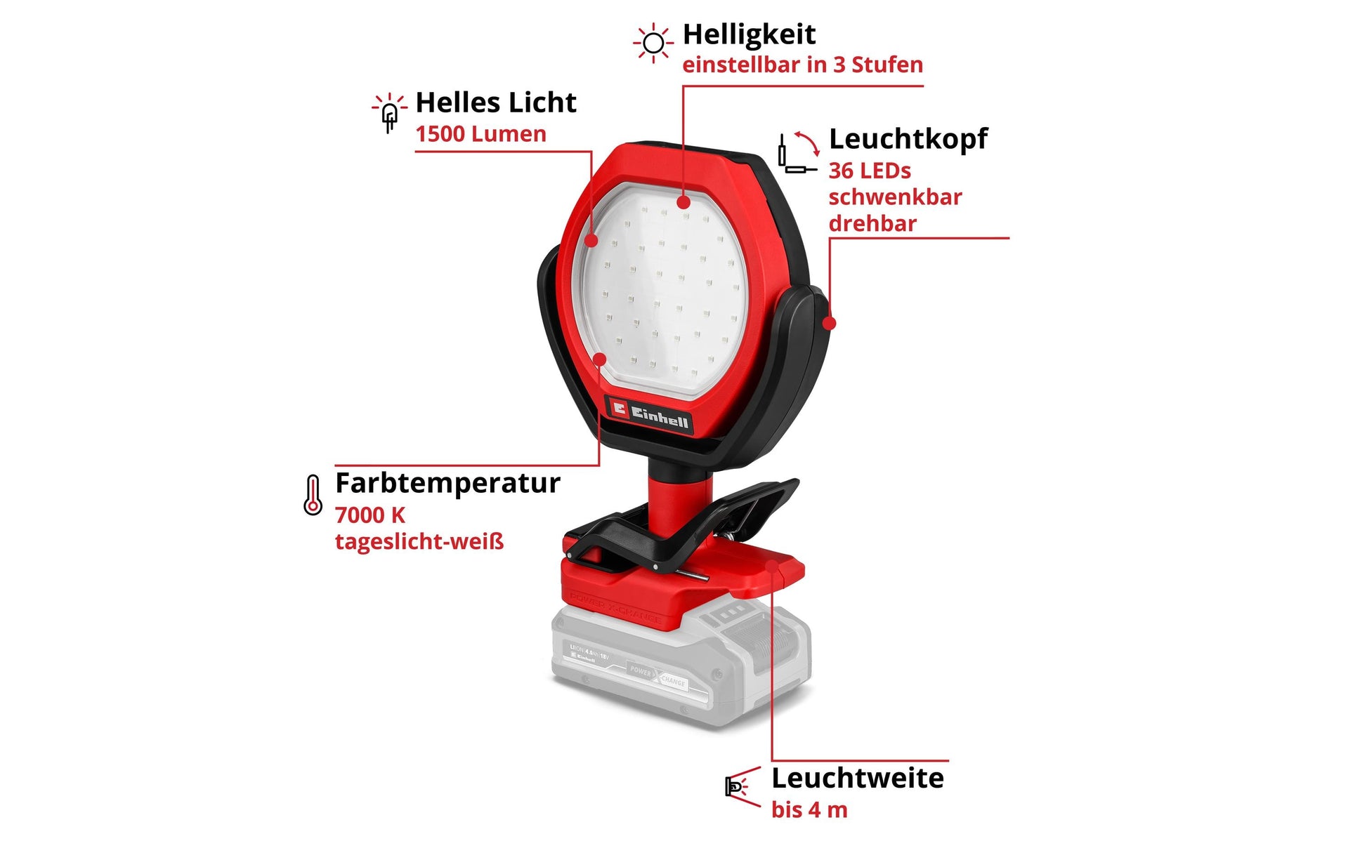 Einhell Akku-Aussenleuchte – 259 cm – 1500 lm – 7000 K – Akkubetrieb – für Power X-Change 18 V, dimmbar – Rot