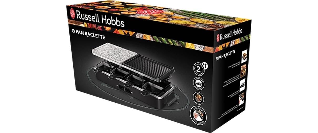 Russell Hobbs Raclette-Grill 3in1 – 8 Personen, Stein-Grillplatte, 1400 W – schwarz