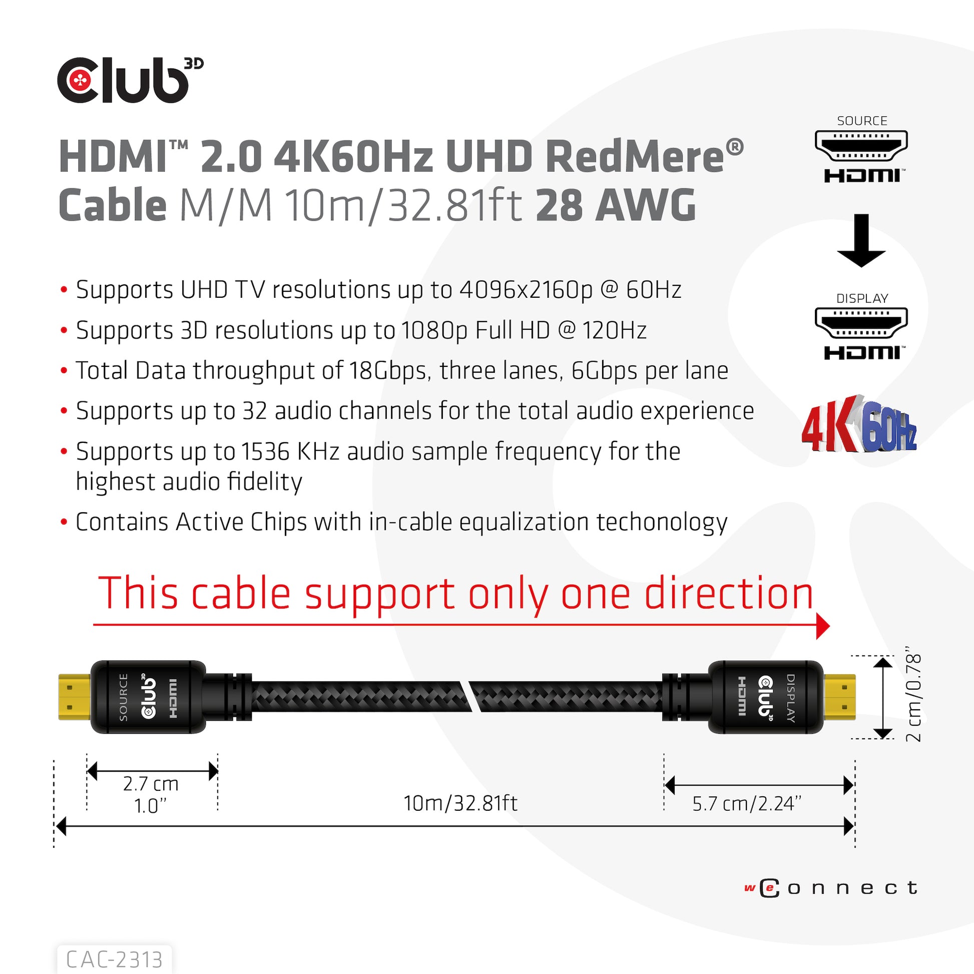 CLUB3D Club 3D HDMI Kabel HDMI 2.0 4K 60 Hz – 10 m – aktiv