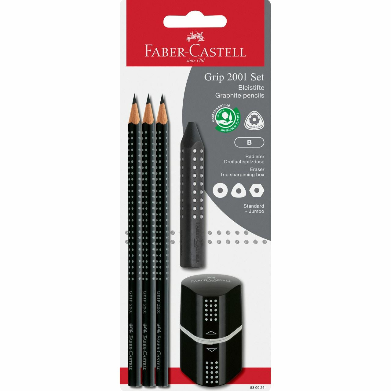Faber-Castell Grip 2001 Schreibset B, dreikantig – mit Spitzer & Radierer