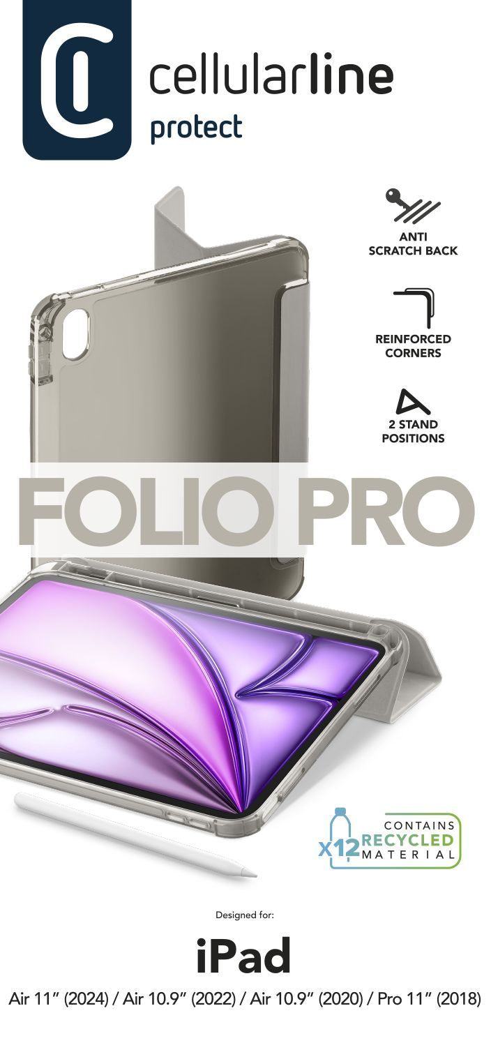 Cellularline Notebook-Schutzhülle – für iPad Air 11 (M2/2024), Stoßschutz, Kunstleder, Grau