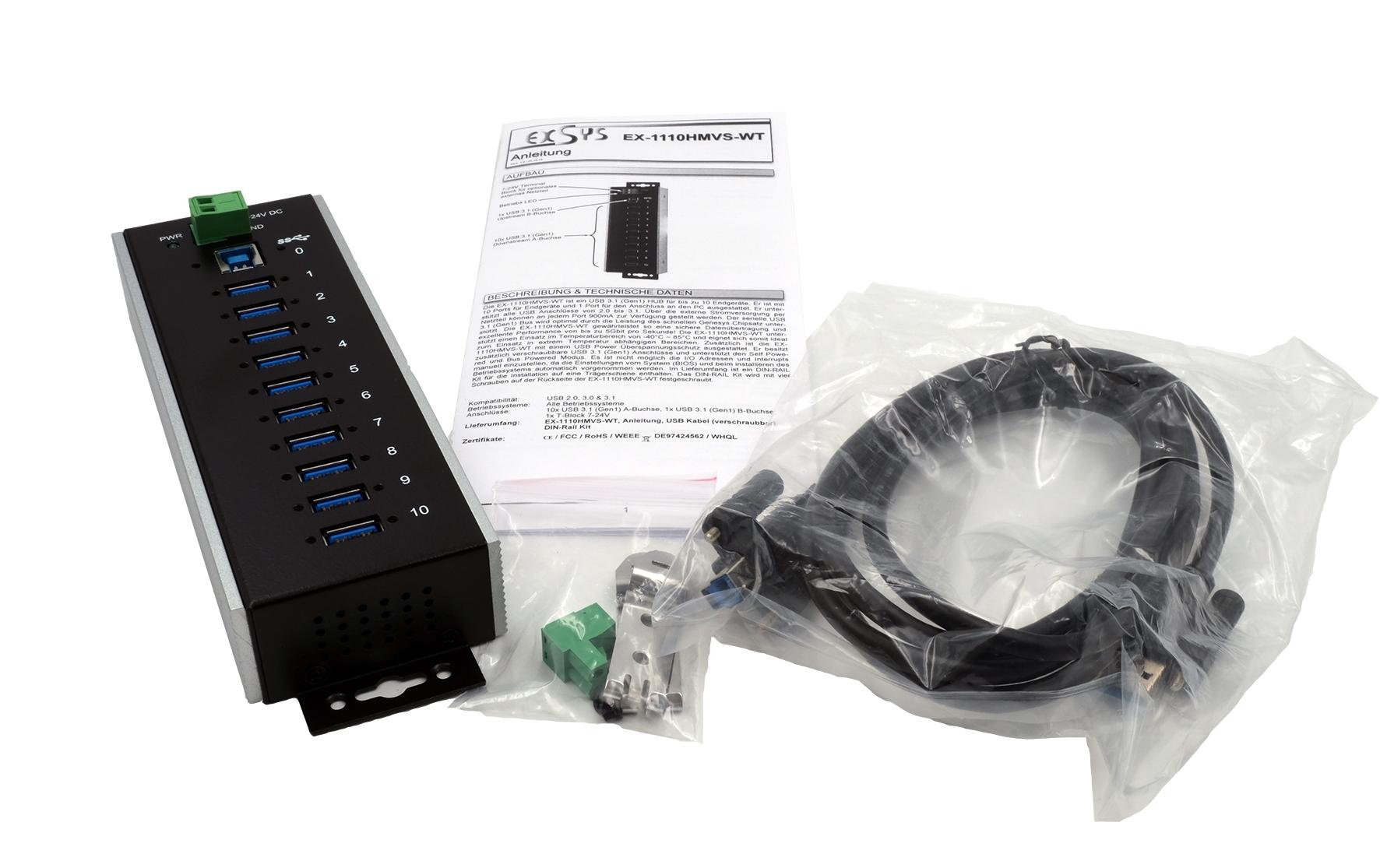 EXSYS EX-1110HMVS-WT USB-Hub – USB-B, 10× USB-A