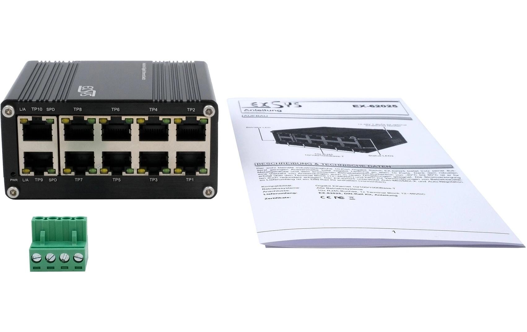 EXSYS EX-62025PoE – Unmanaged Switch – 10× 1G (8× PoE), PoE+, DIN-Rail
