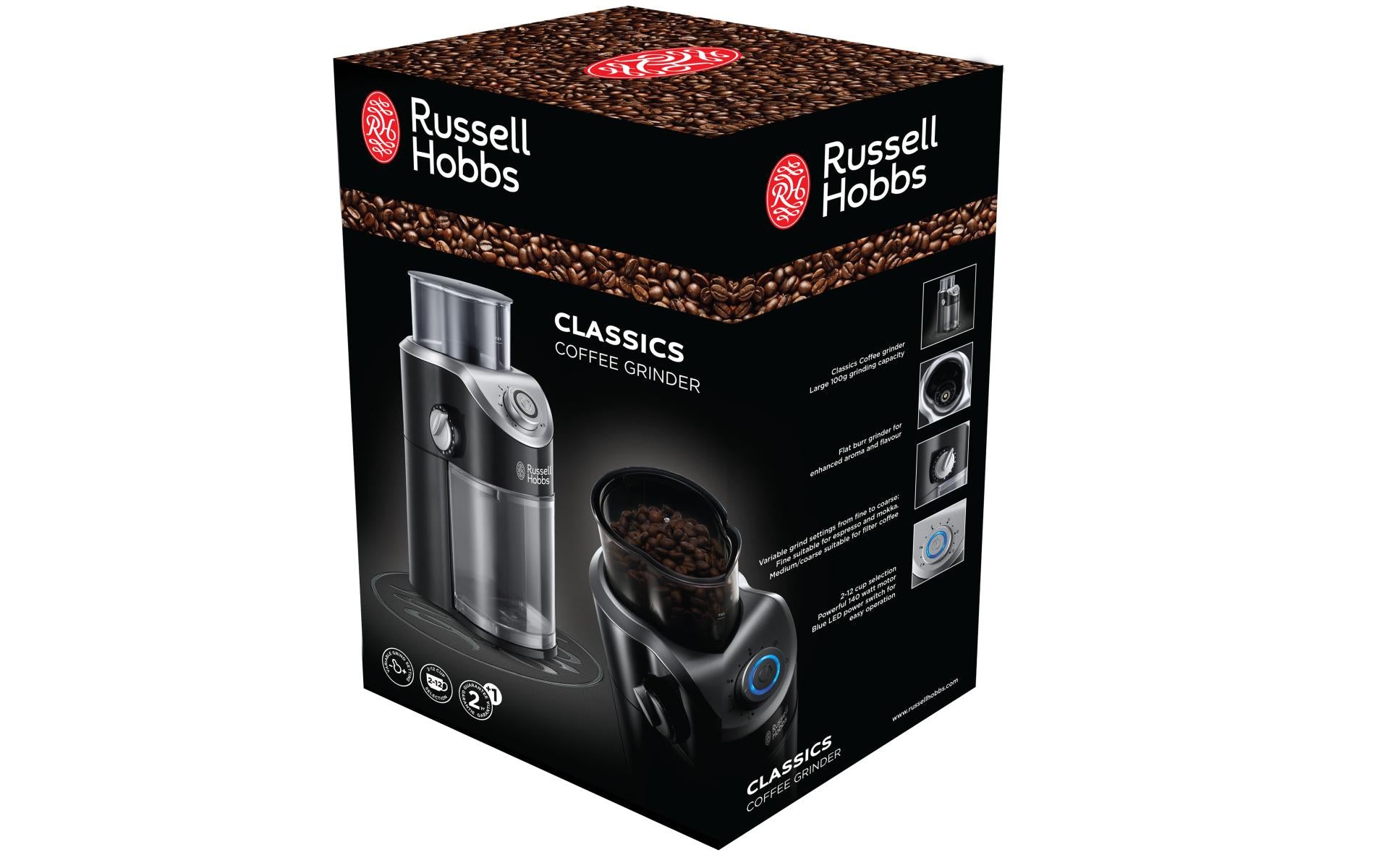 Russell Hobbs Kaffeemühle 23120-56 – 100 g, Scheibenmahlwerk, 140 W – Schwarz