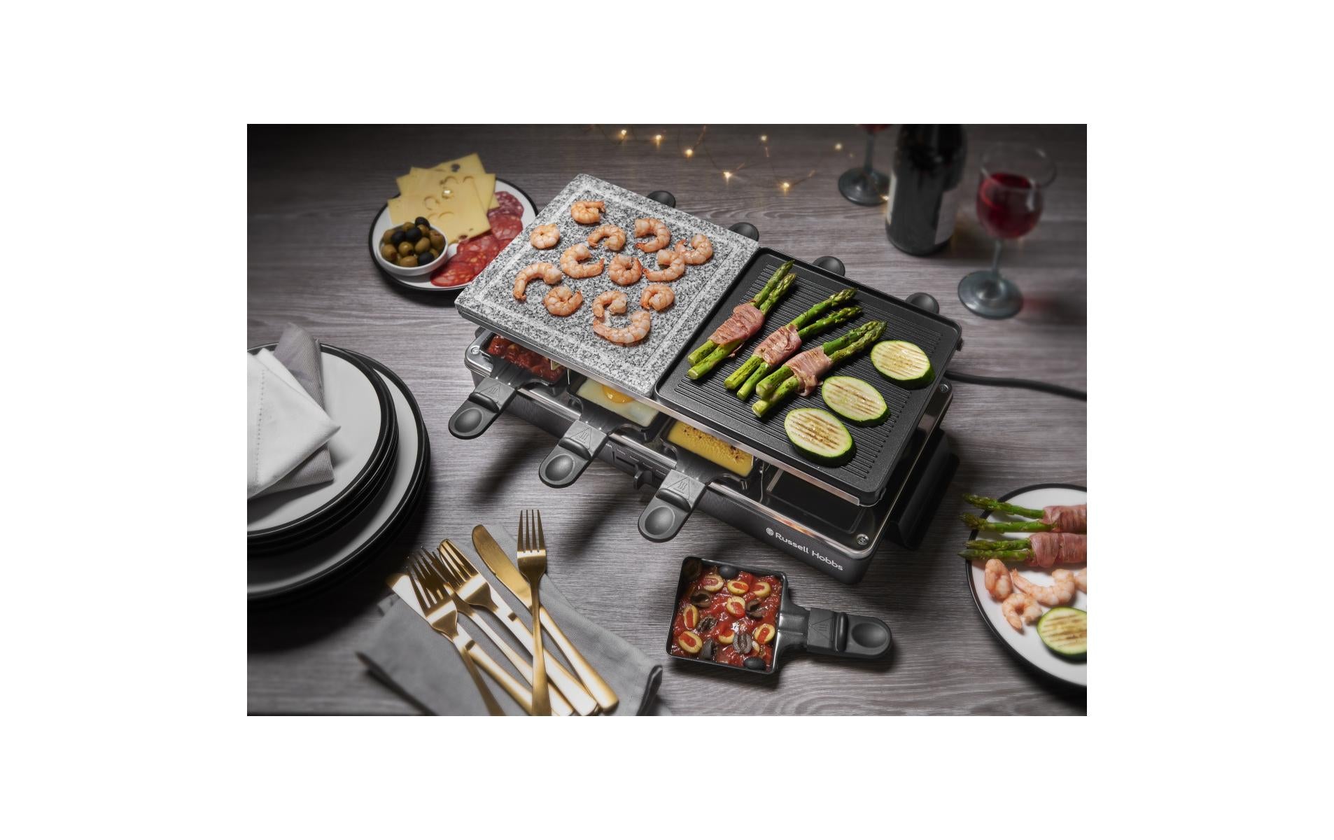 Russell Hobbs Raclette-Grill 3in1 – 8 Personen, Stein-Grillplatte, 1400 W – schwarz