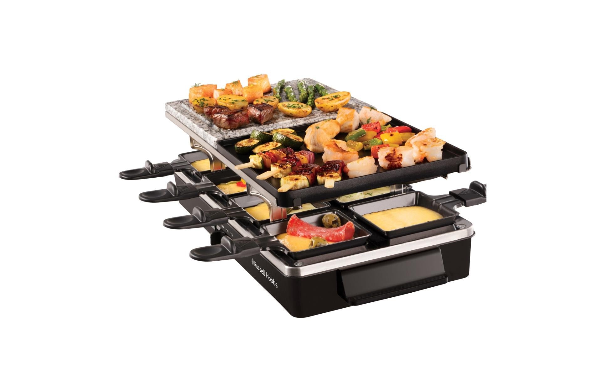 Russell Hobbs Raclette-Grill 3in1 – 8 Personen, Stein-Grillplatte, 1400 W – schwarz