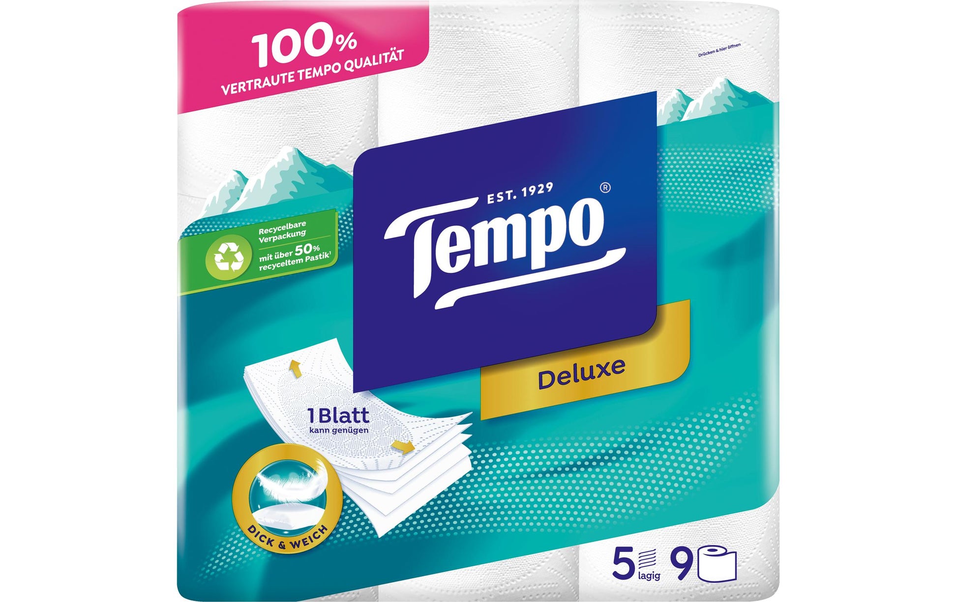 Tempo Deluxe Toilettenpapier – 5-lagig, 80 Blatt/Rolle – 9 Rollen