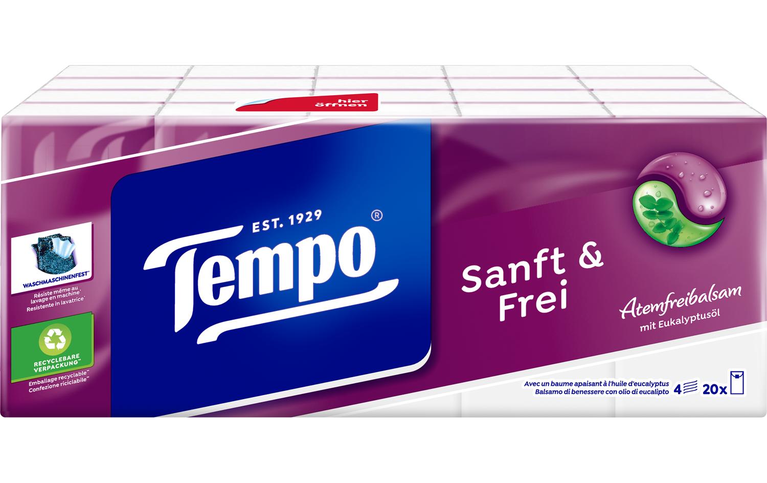 Tempo Taschentücher – 4-lagig, weiss, 200 × 90 mm – 20×9 Taschentücher