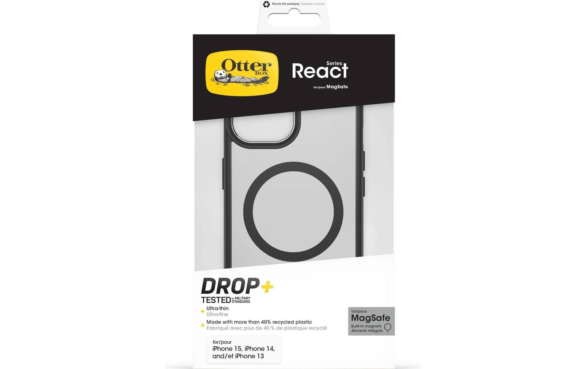 OtterBox MagSafe React Rückcover – für Apple iPhone 14, MagSafe, Kunststoff, Transparent/Schwarz