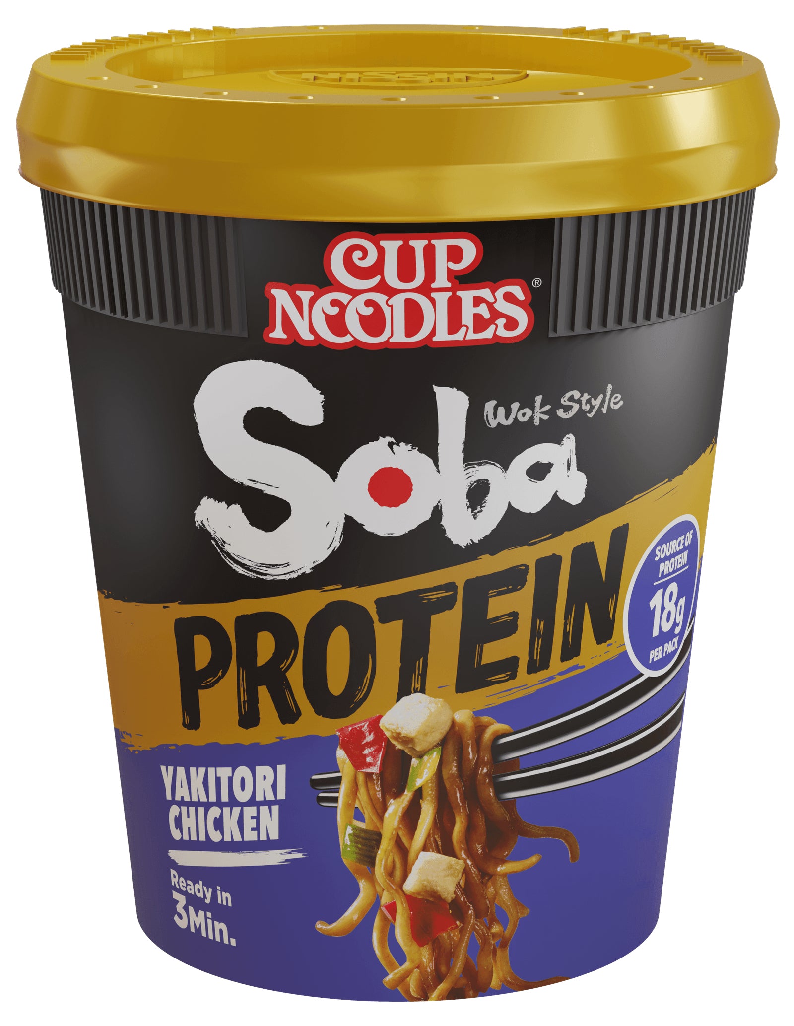 Nissin Food Nissin Soba Instantnudeln Yakitori Poulet, proteinreich, Becher – 90 g