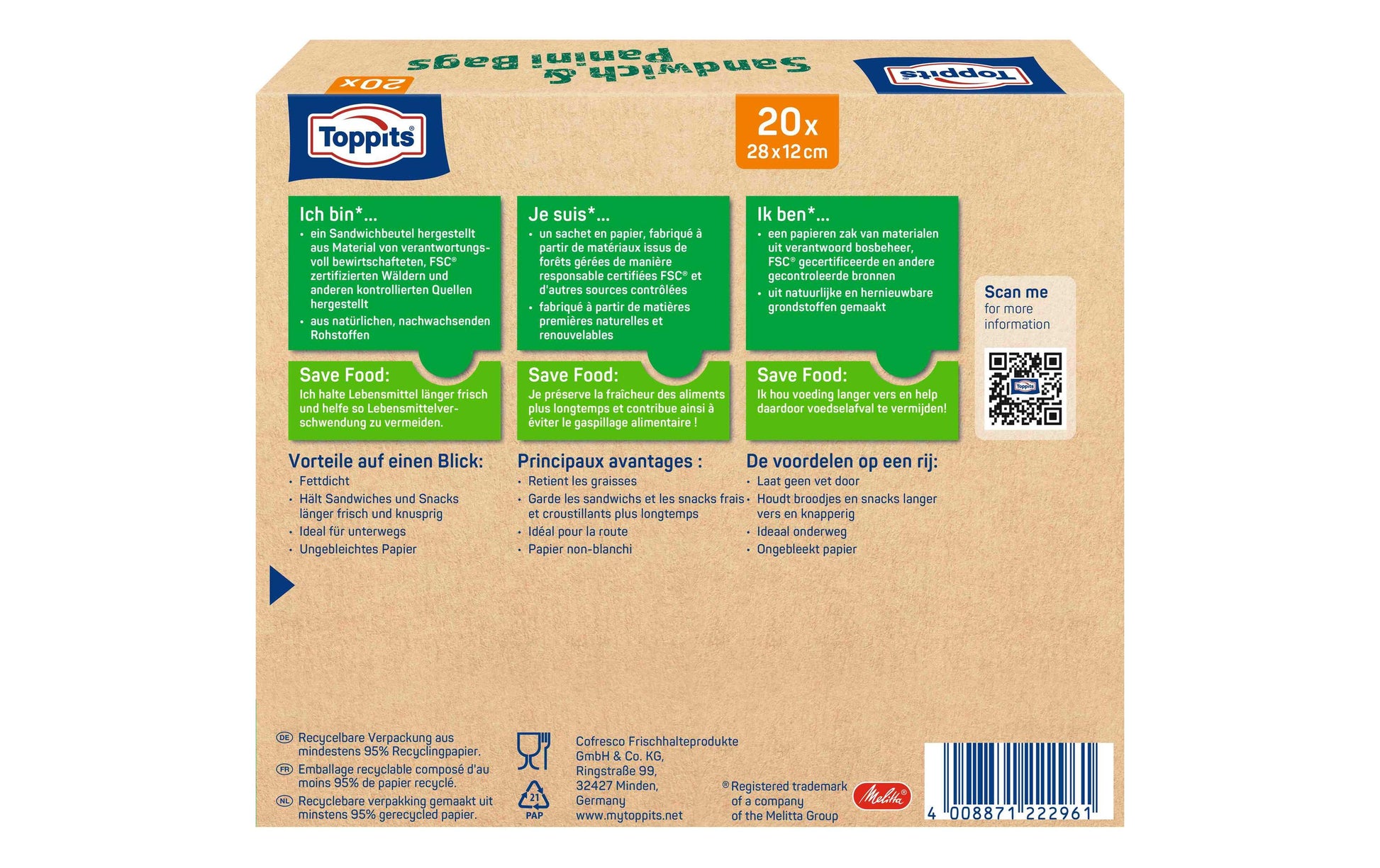 Toppits Sandwichbeutel 28 × 12 cm, 20 Stk., Papier, Beige