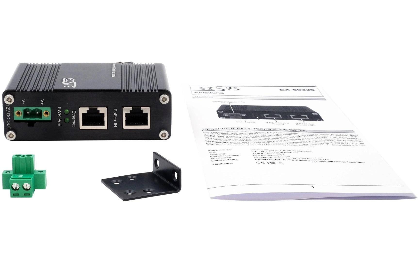 EXSYS EX-60326 PoE-Splitter – Gigabit, PoE++ 12 VDC/36 W, 1× RJ-45, Hutschiene – für IP-Kameras/WLAN-AP