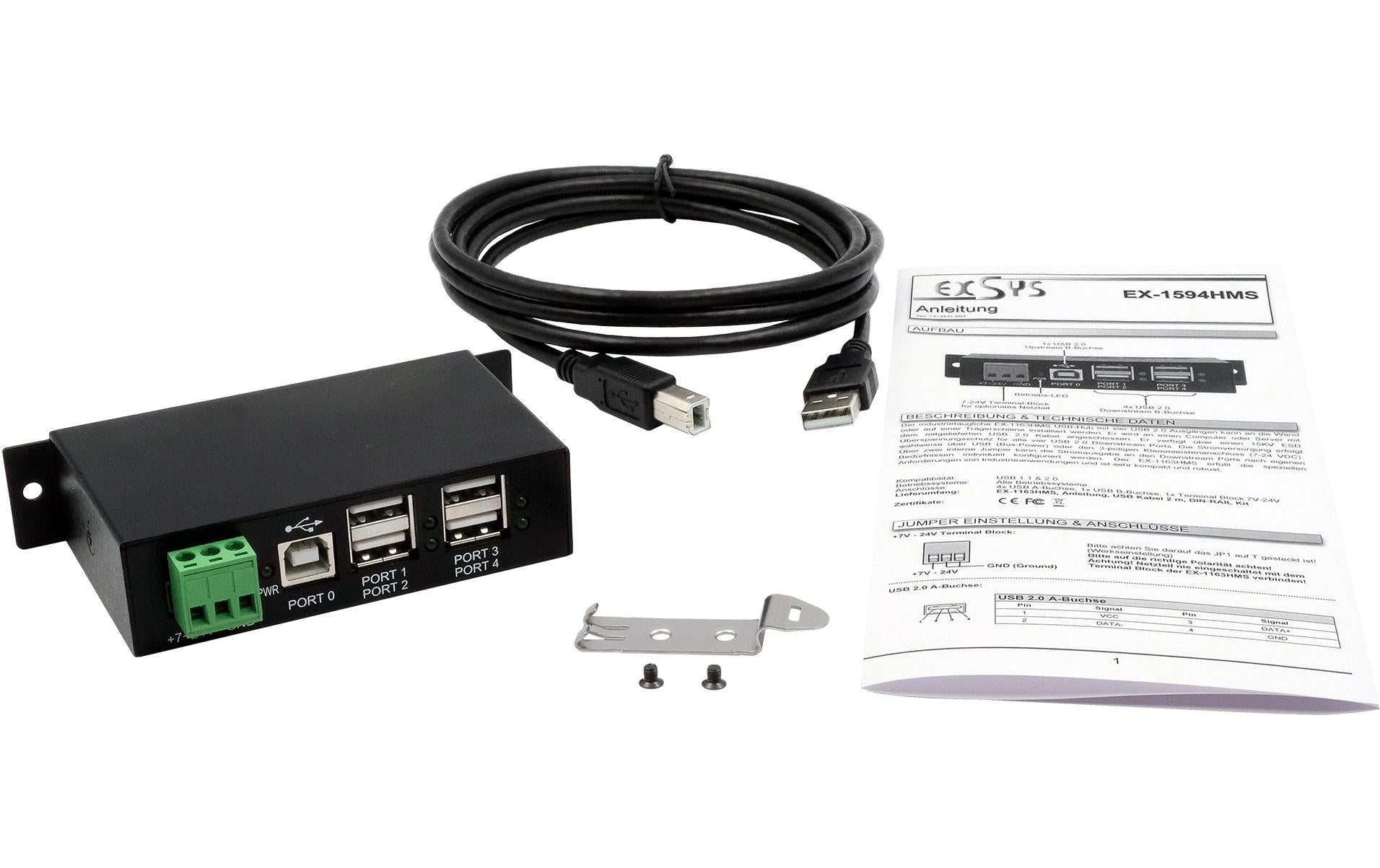 EXSYS EX-1594HMS USB-Hub – USB-B, USB 2.0, 4× USB-A