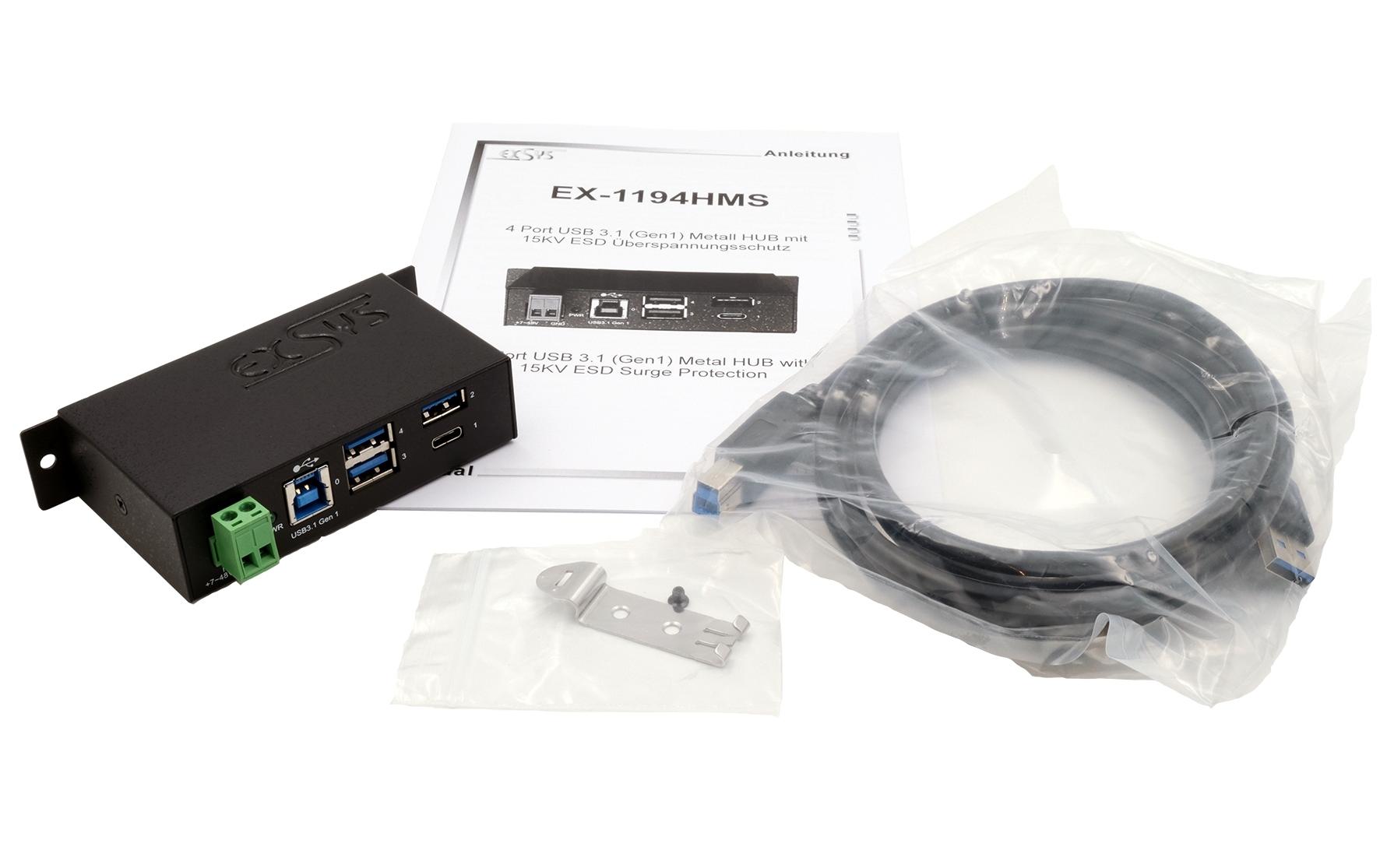 EXSYS EX-1194HMS USB-Hub – USB-A, 1× USB-C, für Windows/Mac/Linux