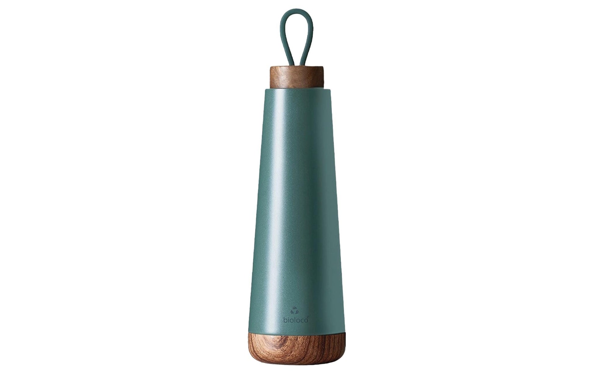 BioLoco Loop-Dark Isolierflasche 500 ml – doppelwandig 18 h heiss/12 h kalt, Edelstahl, Holzdeckel, grün