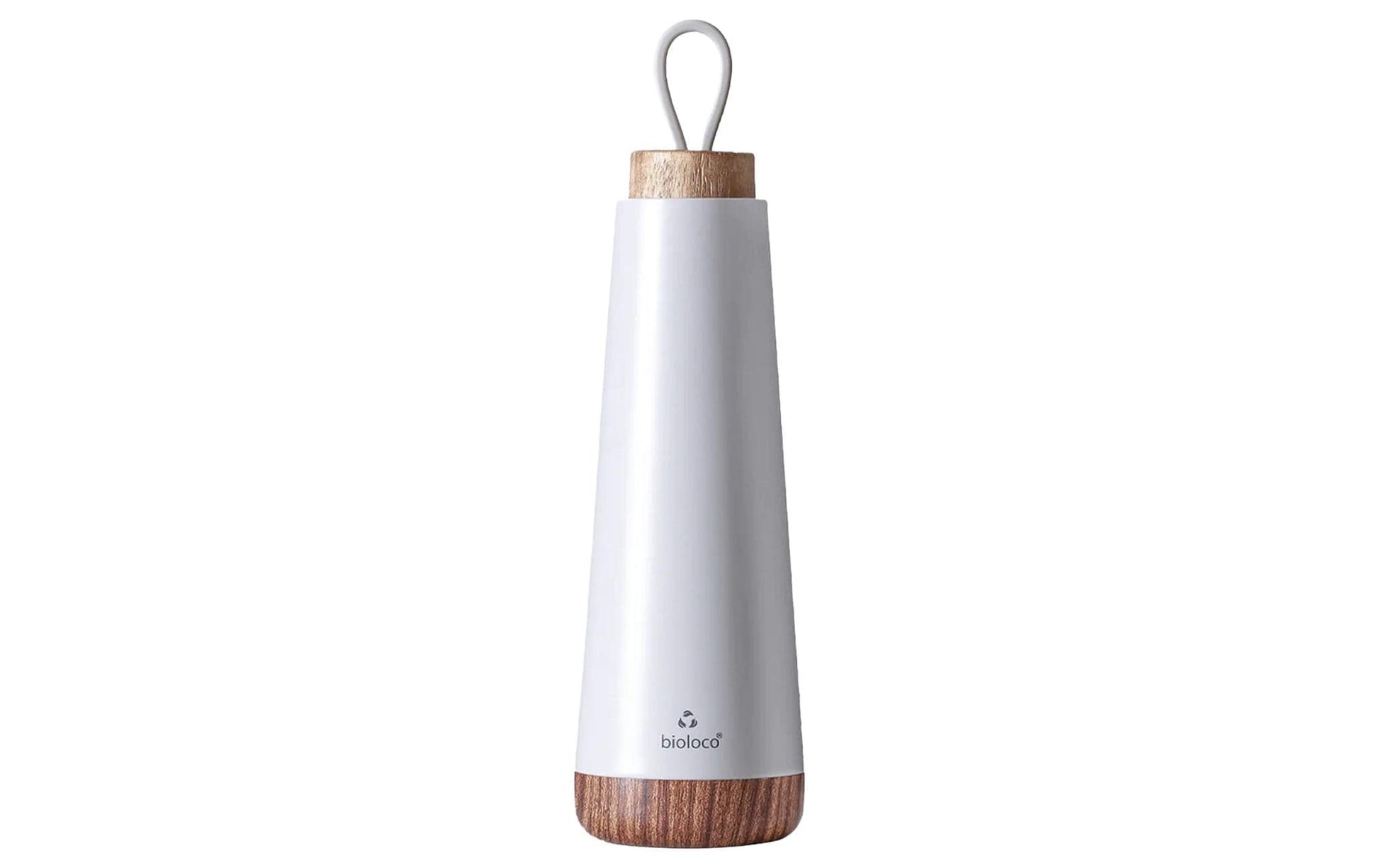 BioLoco Loop Isolierflasche 500 ml – Doppelwandig 18 h heiss/12 h kalt, Edelstahl, Holzdeckel, Hellgrau