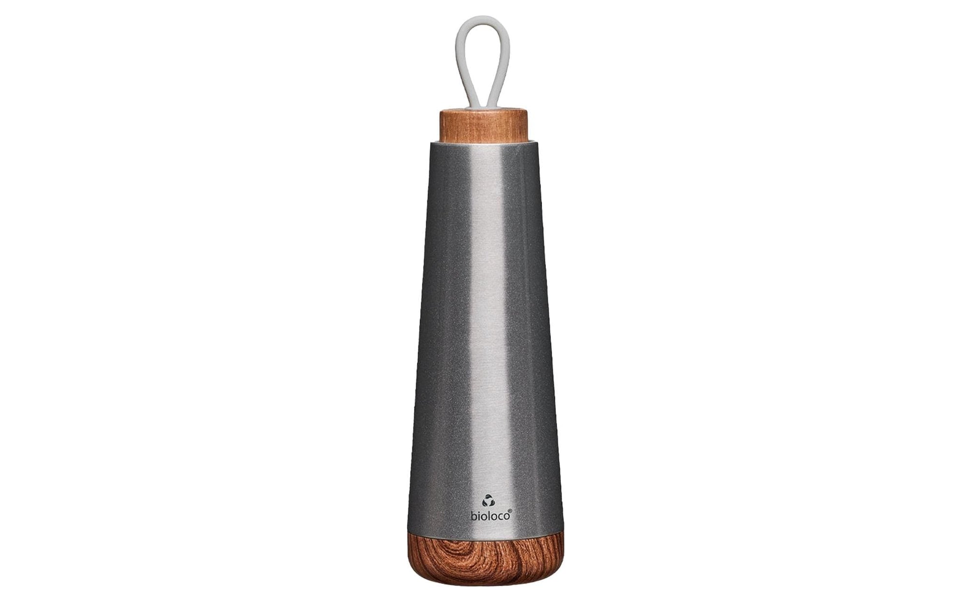BioLoco Loop Isolierflasche 500 ml – doppelwandig 18 h heiss / 12 h kalt, Edelstahl, Holzdeckel, Silber