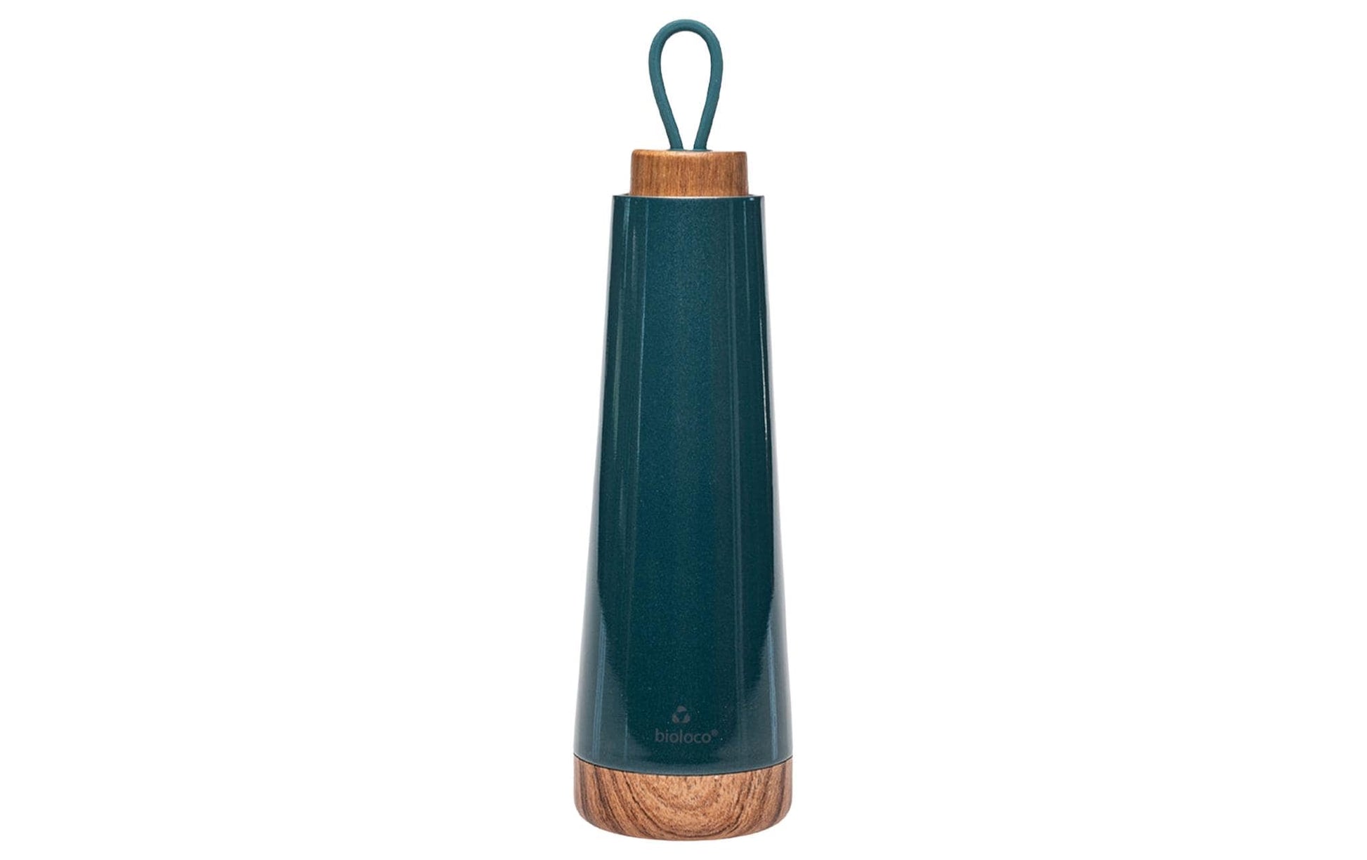BioLoco Loop Isolierflasche 500 ml – doppelwandig 18 h heiss/12 h kalt, Edelstahl, Holzdeckel, Petrol