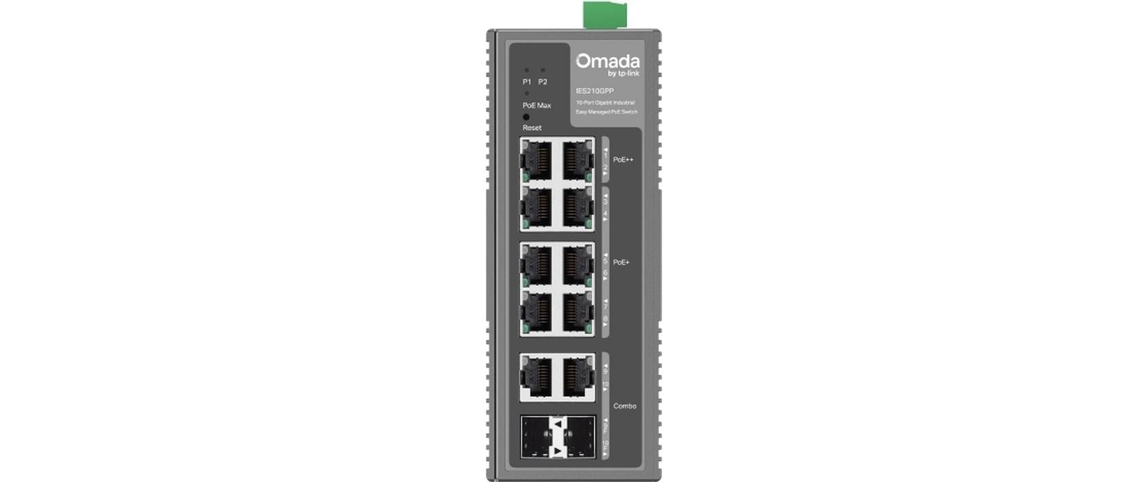TP-Link Omada IES210GPP – Managed Switch – 8× 1G, 2× SFP (Combo), PoE+, PoE++, PoE-Budget 240 W, Hutschiene
